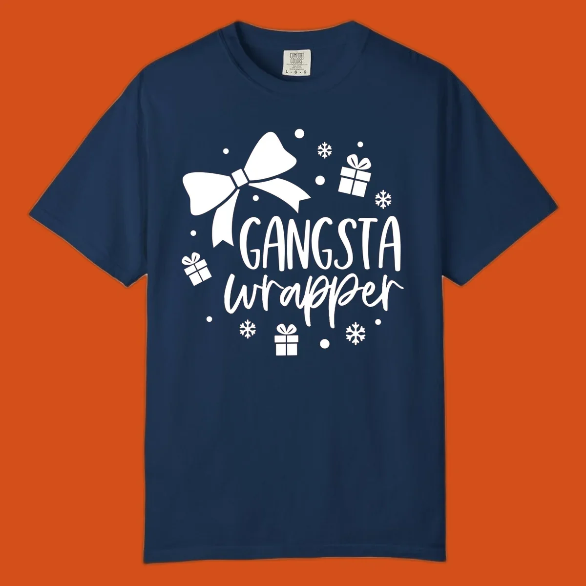 Gangsta wrapper holiday design with text, bow, gifts, and snowflakes.