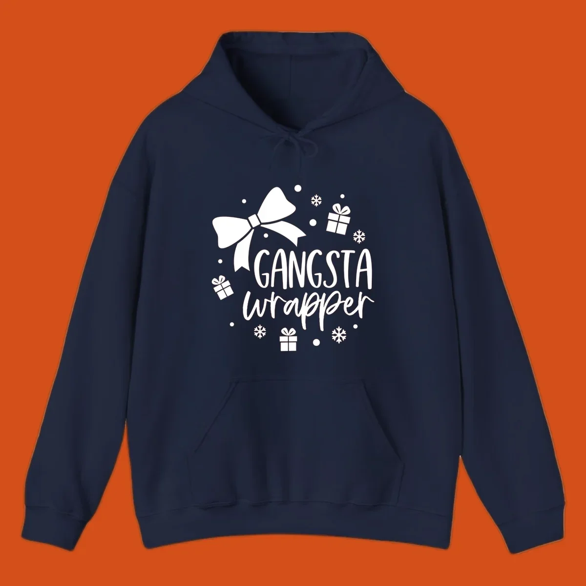 Gangsta wrapper holiday design with text, bow, gifts, and snowflakes.