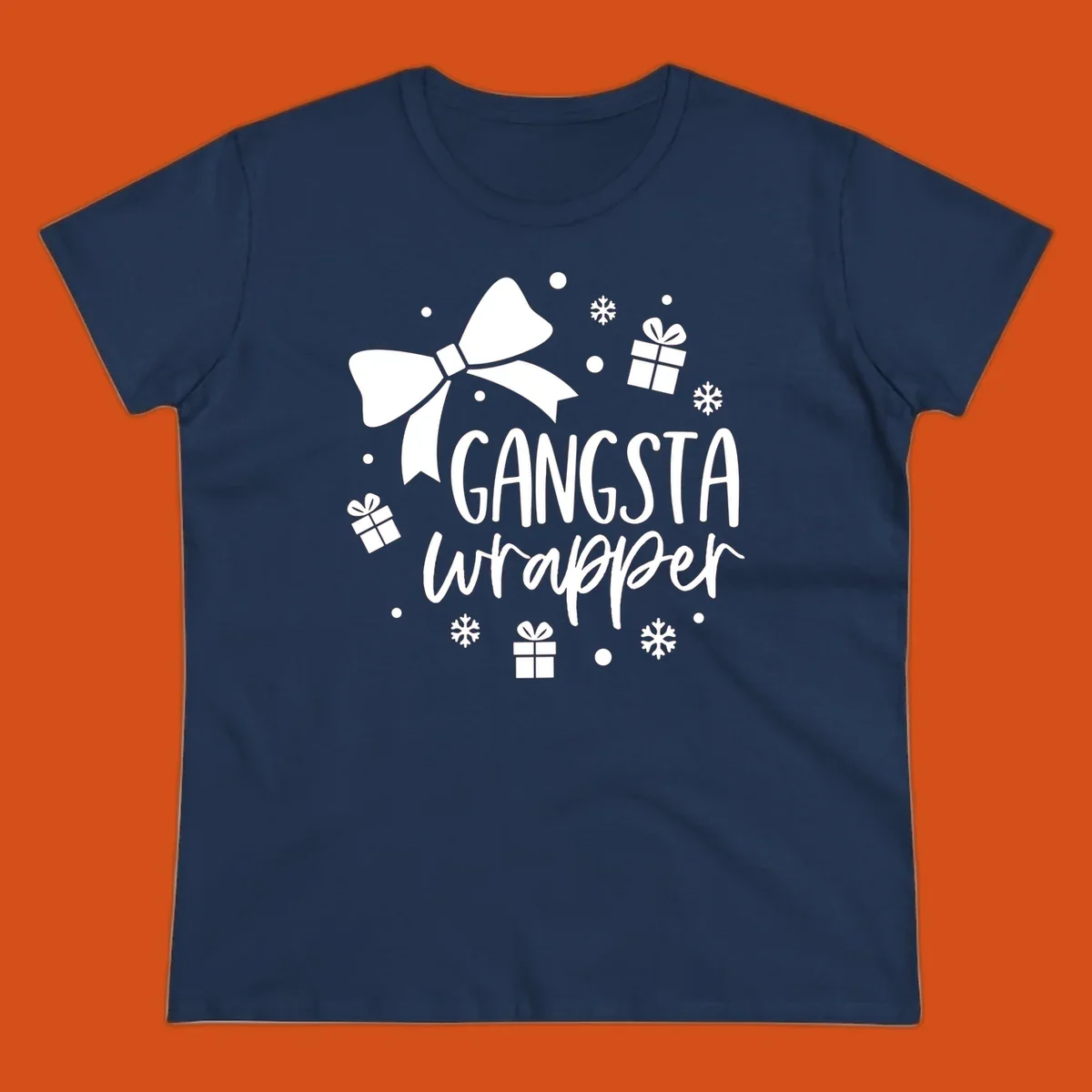 Gangsta wrapper holiday design with text, bow, gifts, and snowflakes.