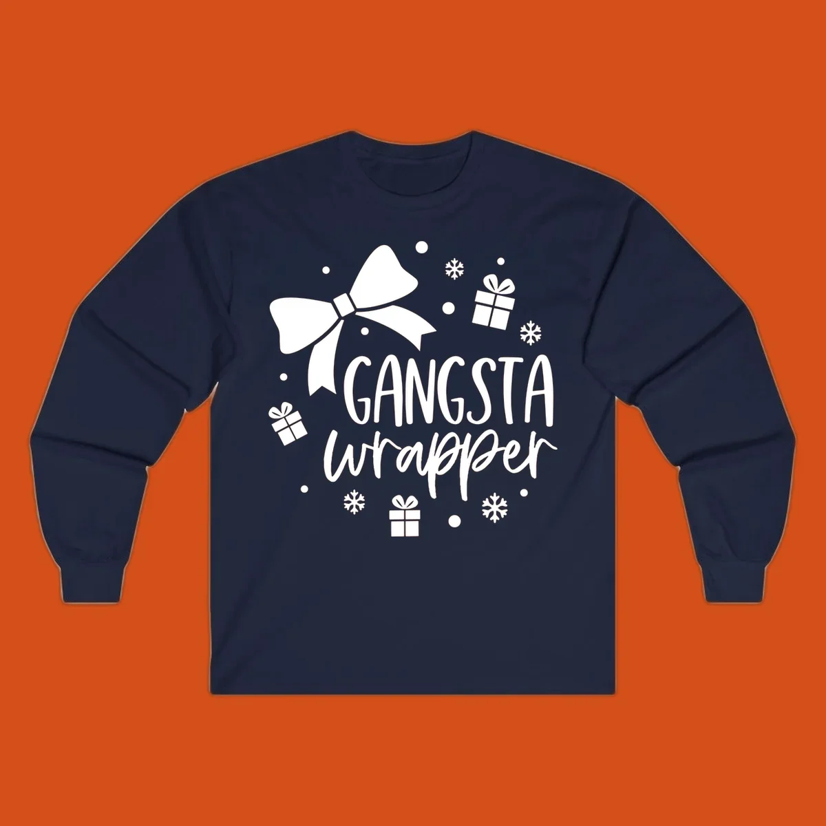 Gangsta wrapper holiday design with text, bow, gifts, and snowflakes.