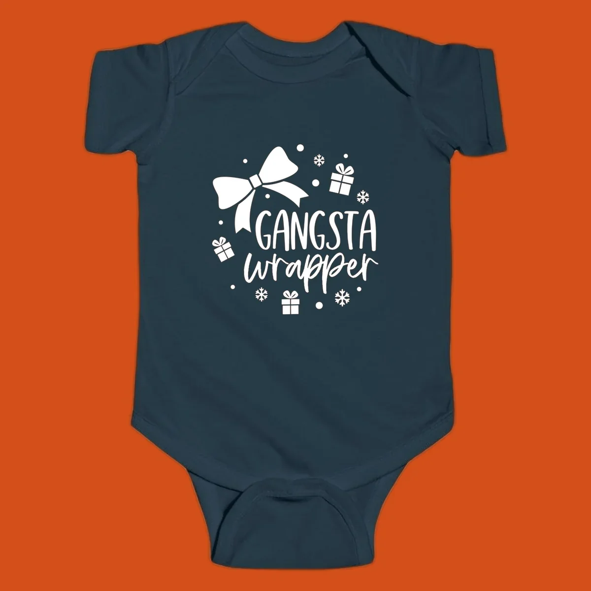Gangsta wrapper holiday design with text, bow, gifts, and snowflakes.
