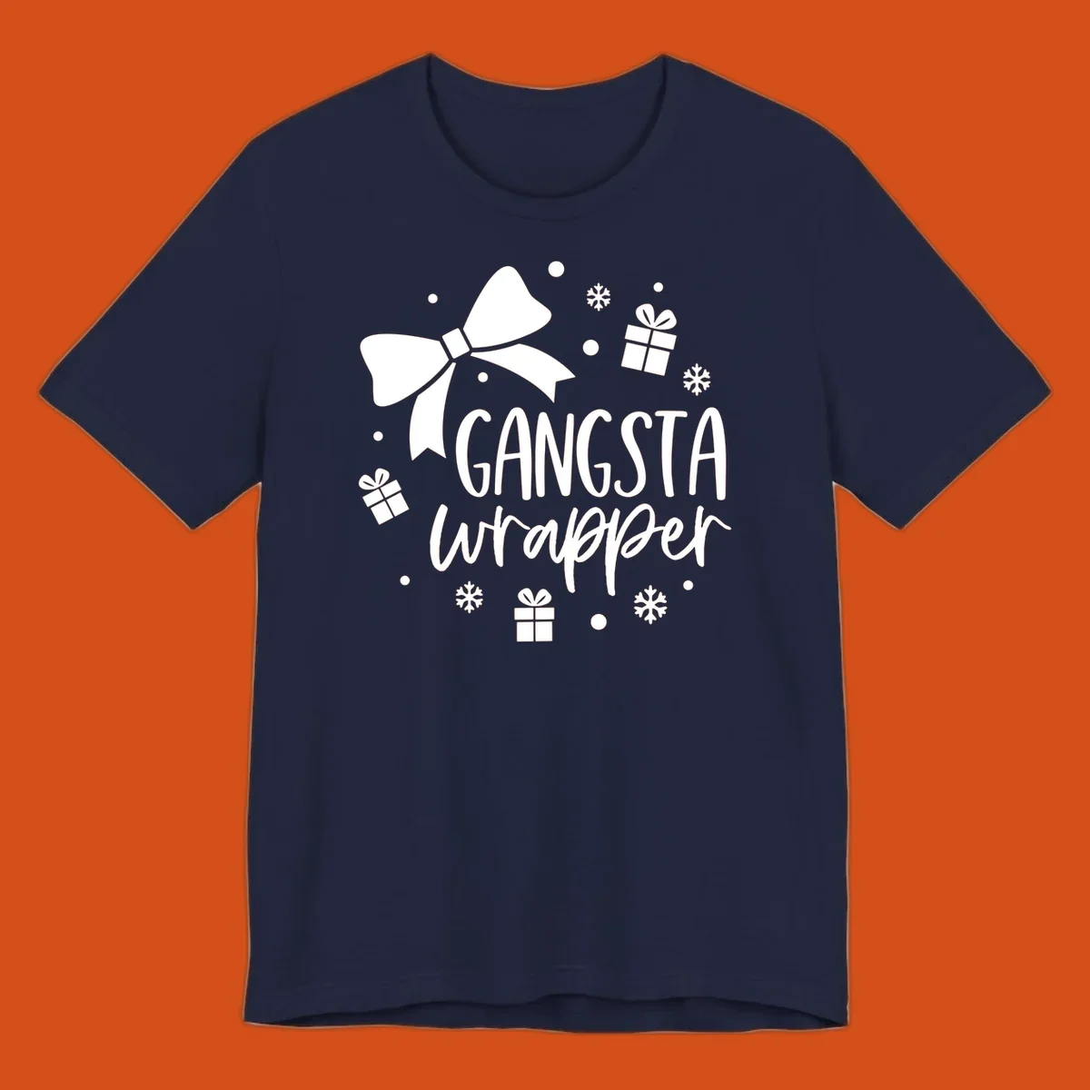 Gangsta wrapper holiday design with text, bow, gifts, and snowflakes.