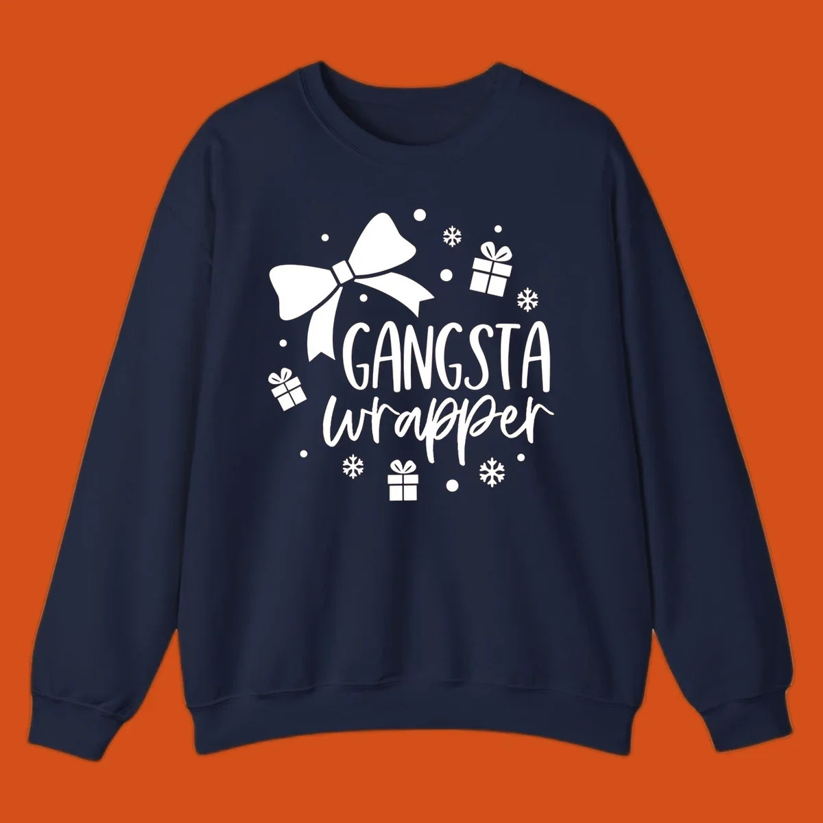 Gangsta wrapper holiday design with text, bow, gifts, and snowflakes.