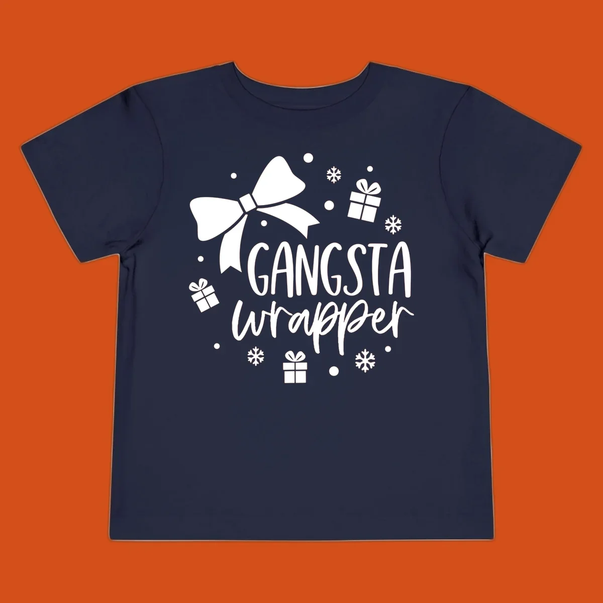 Gangsta wrapper holiday design with text, bow, gifts, and snowflakes.
