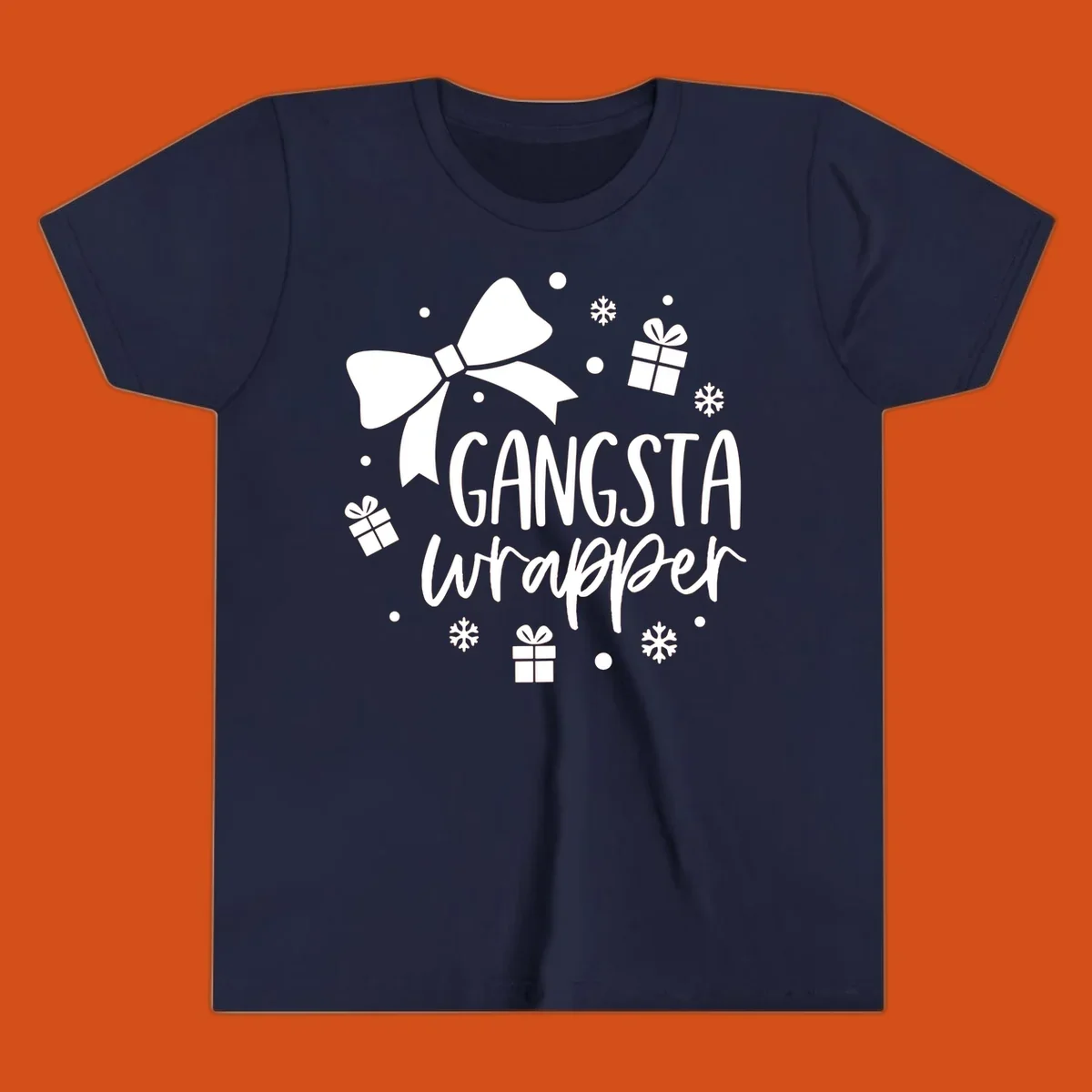 Gangsta wrapper holiday design with text, bow, gifts, and snowflakes.
