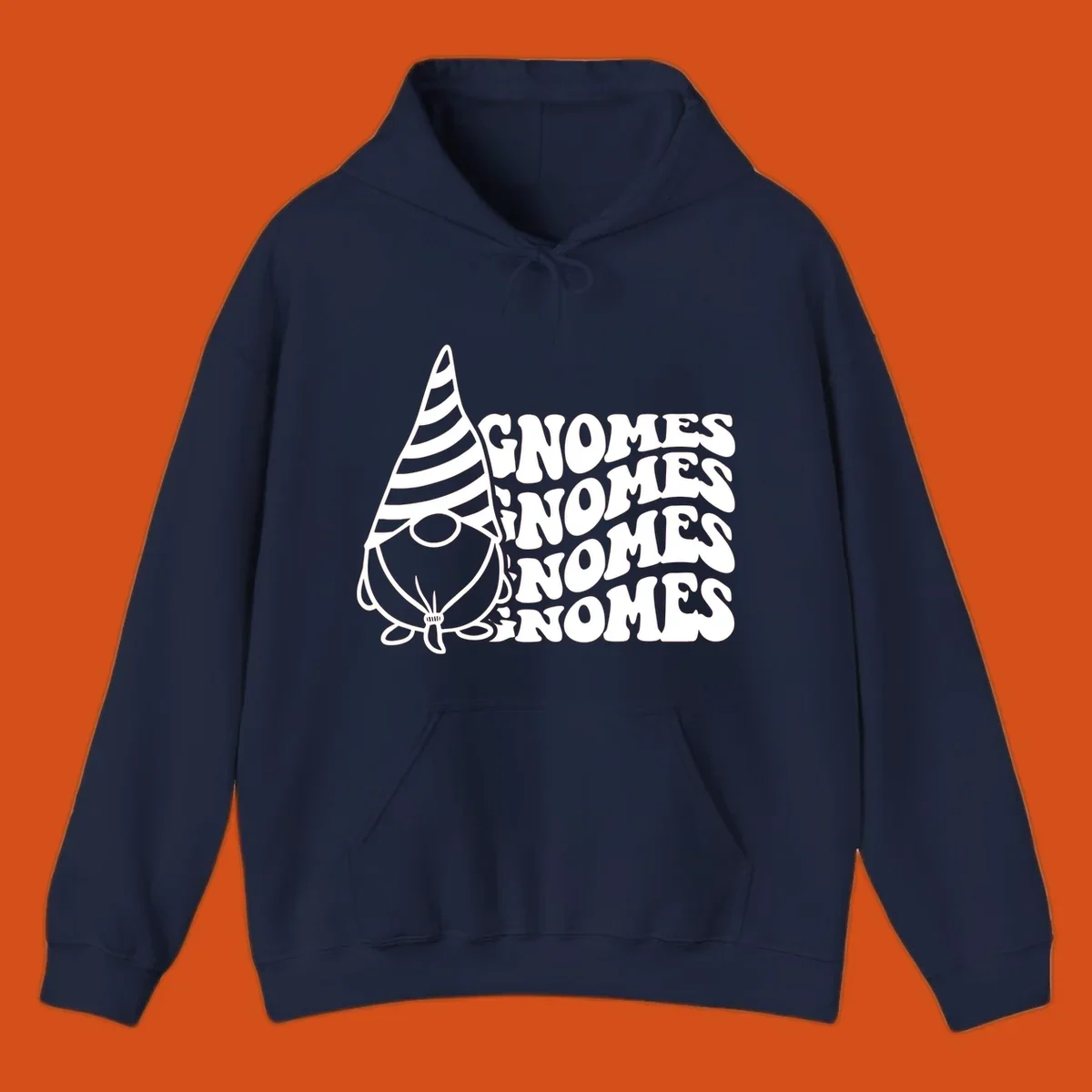 Gnome illustration with repeating wavy text that says GNOMES. Retro style graphic tee.