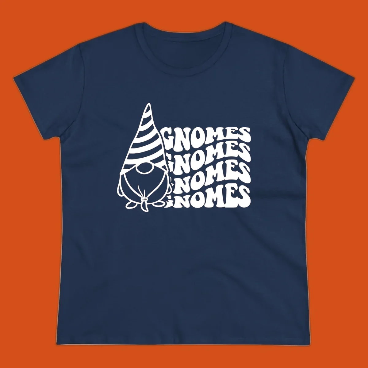 Gnome illustration with repeating wavy text that says GNOMES. Retro style graphic tee.