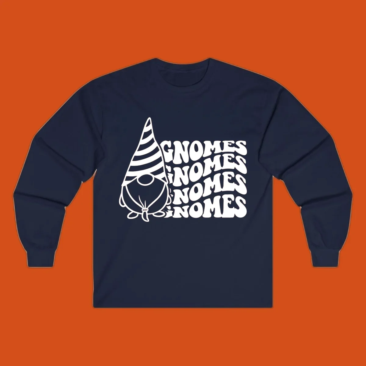 Gnome illustration with repeating wavy text that says GNOMES. Retro style graphic tee.