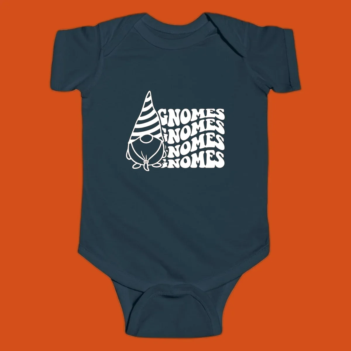 Gnome illustration with repeating wavy text that says GNOMES. Retro style graphic tee.