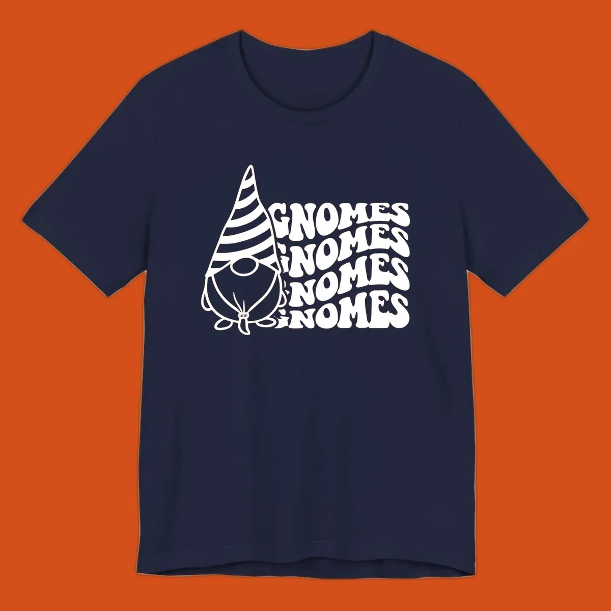 Gnome illustration with repeating wavy text that says GNOMES. Retro style graphic tee.