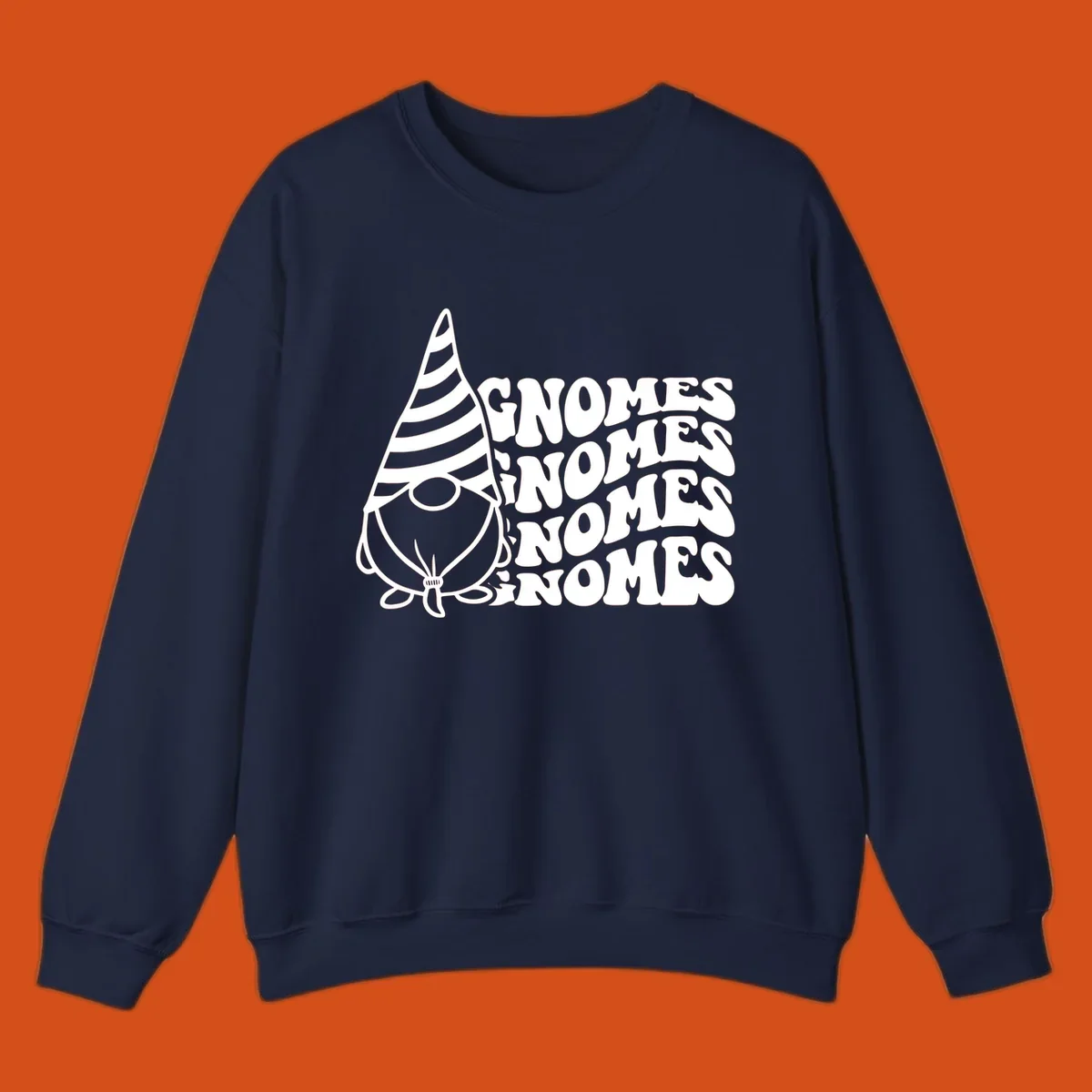 Gnome illustration with repeating wavy text that says GNOMES. Retro style graphic tee.