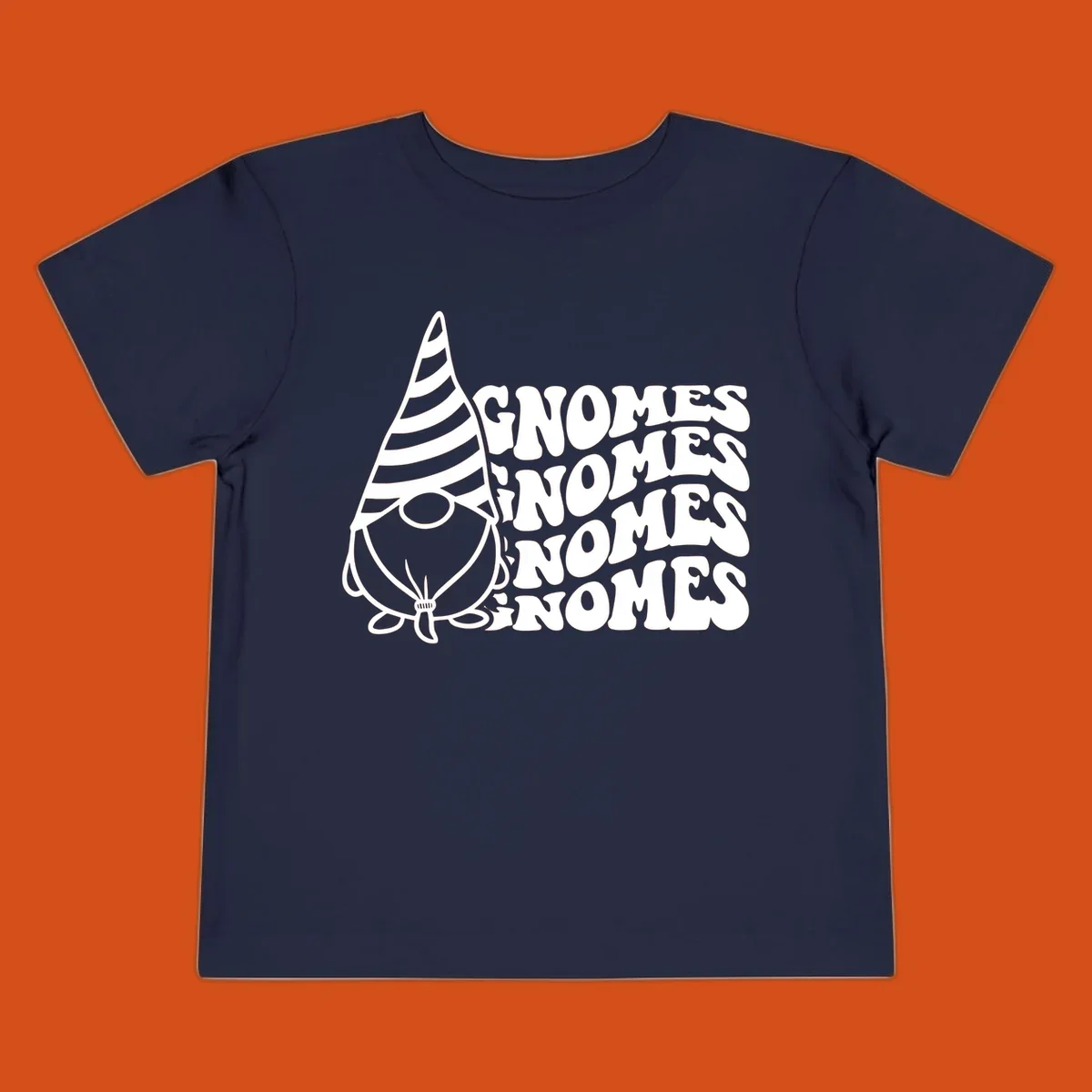 Gnome illustration with repeating wavy text that says GNOMES. Retro style graphic tee.