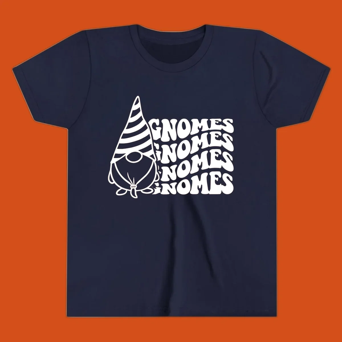Gnome illustration with repeating wavy text that says GNOMES. Retro style graphic tee.