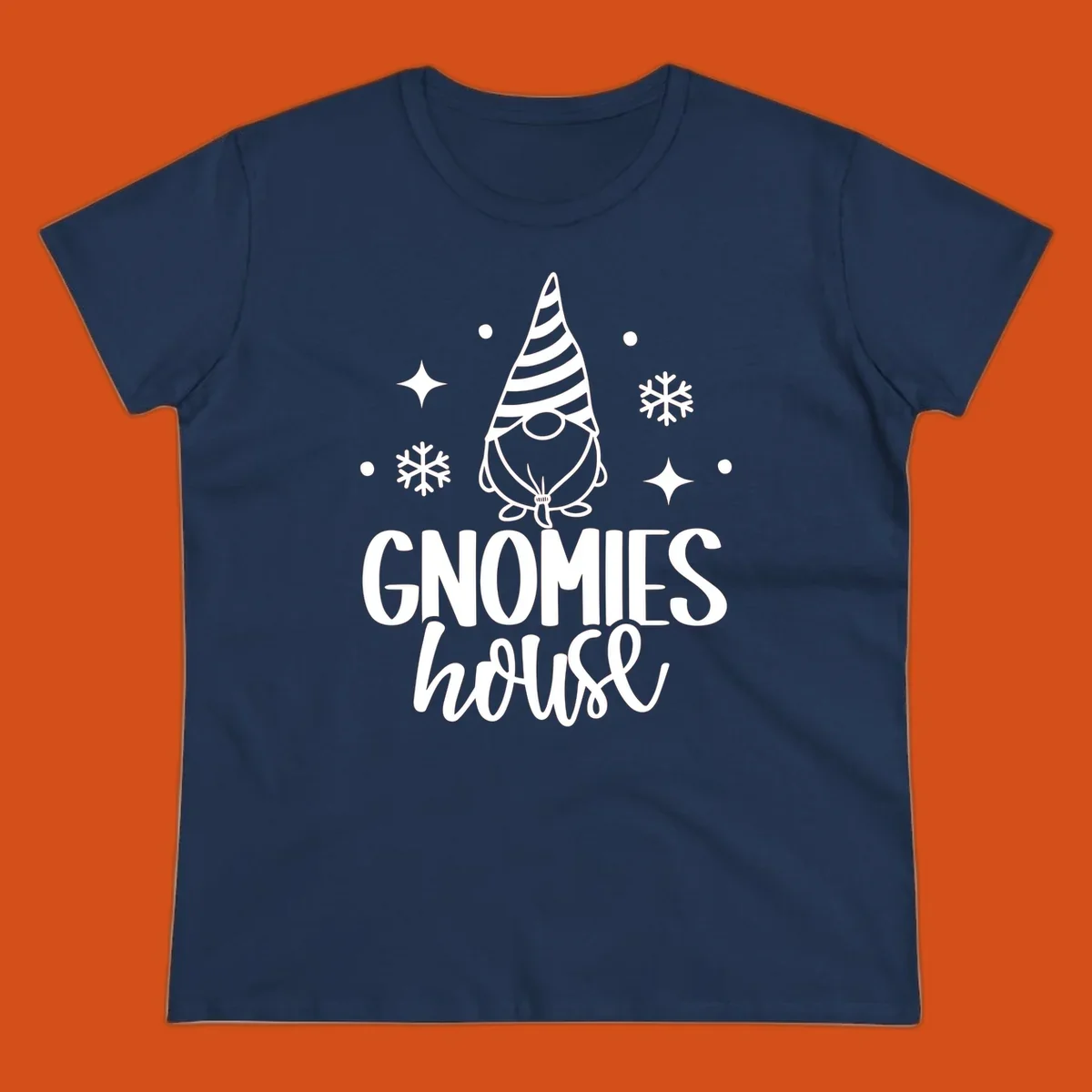 Illustration of a gnome with text 'GNOMIES house', surrounded by winter elements.