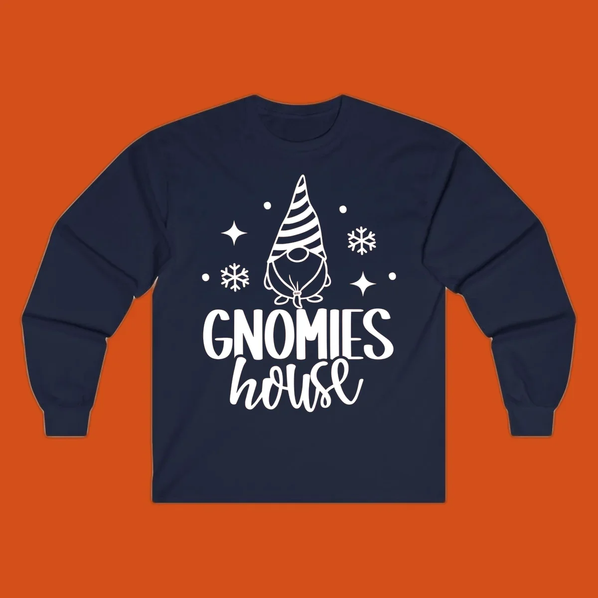 Illustration of a gnome with text 'GNOMIES house', surrounded by winter elements.