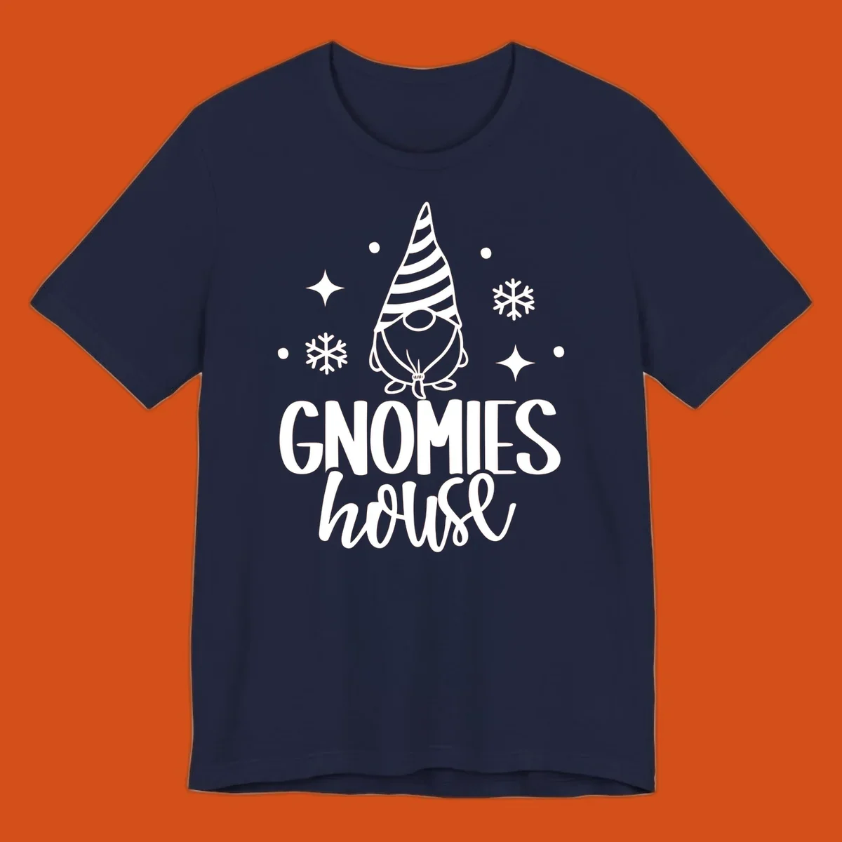 Illustration of a gnome with text 'GNOMIES house', surrounded by winter elements.