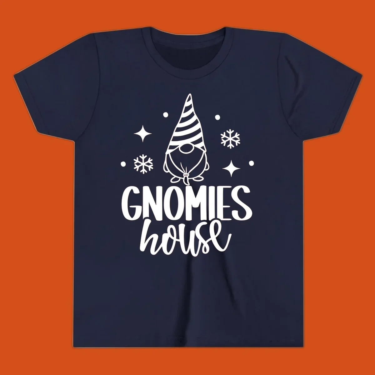 Illustration of a gnome with text 'GNOMIES house', surrounded by winter elements.