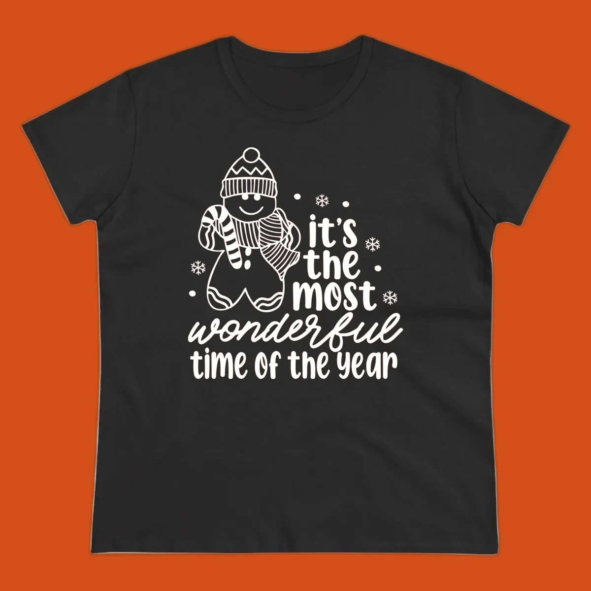 Christmas gingerbread man with 'it's the most wonderful time of the year' text.