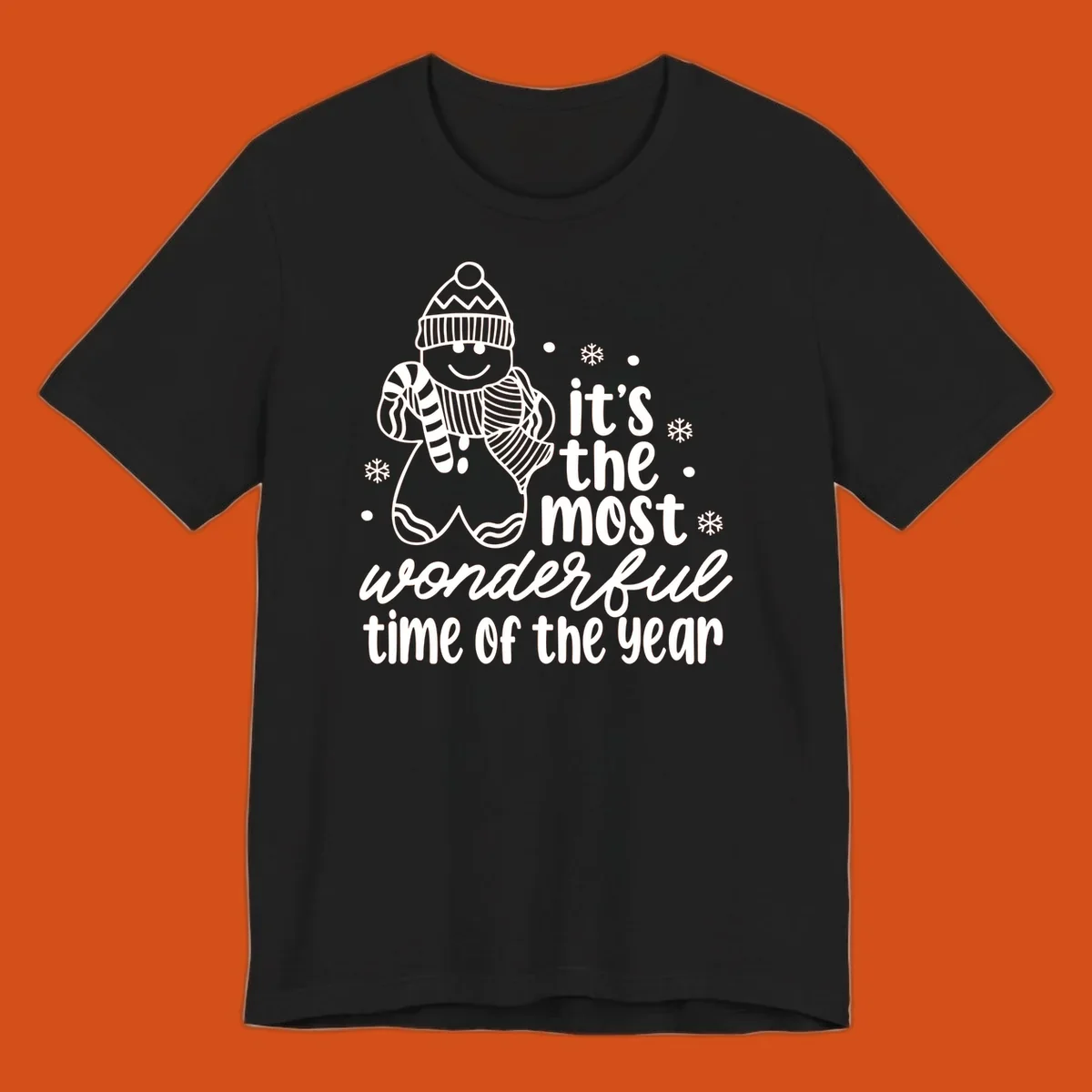Christmas gingerbread man with 'it's the most wonderful time of the year' text.