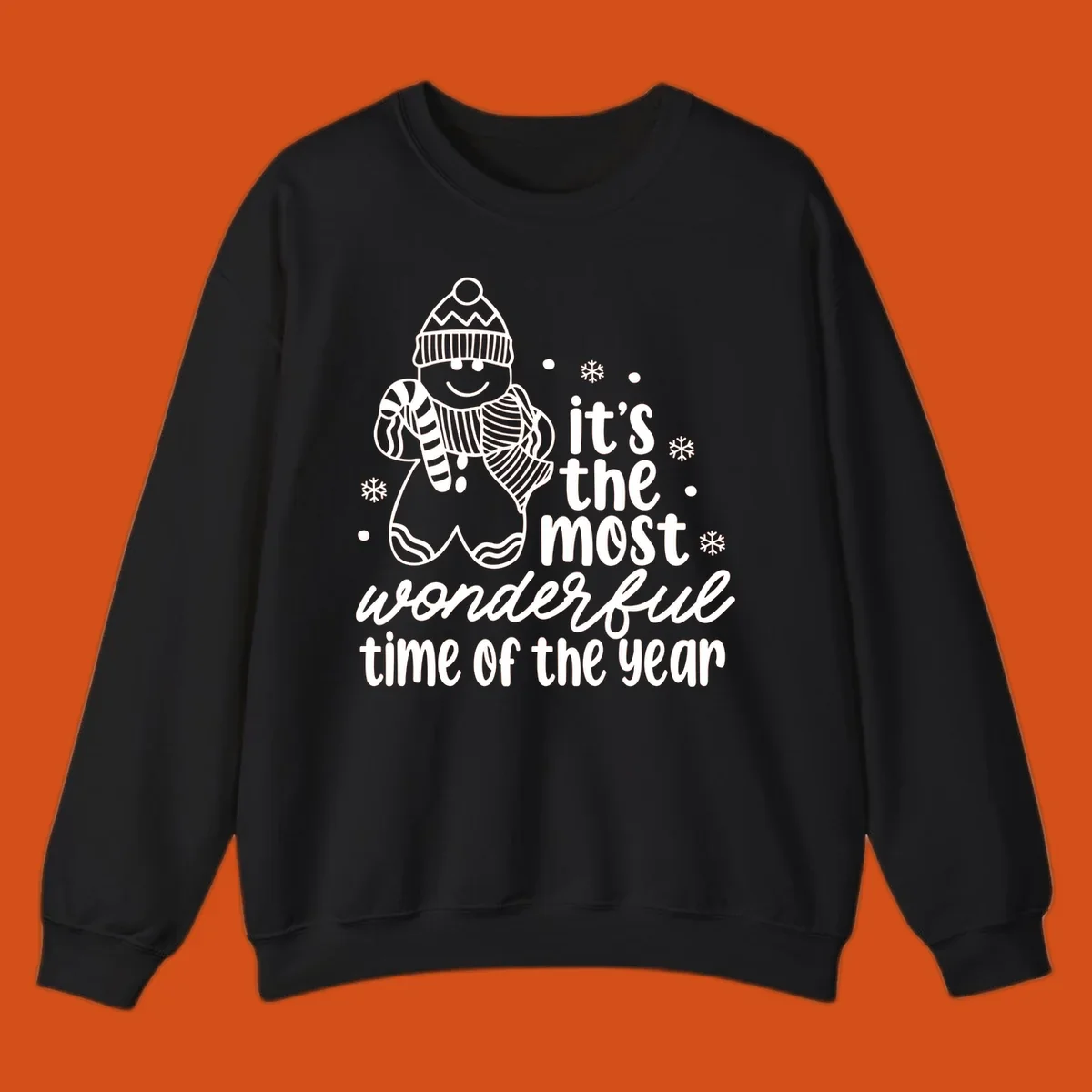 Christmas gingerbread man with 'it's the most wonderful time of the year' text.