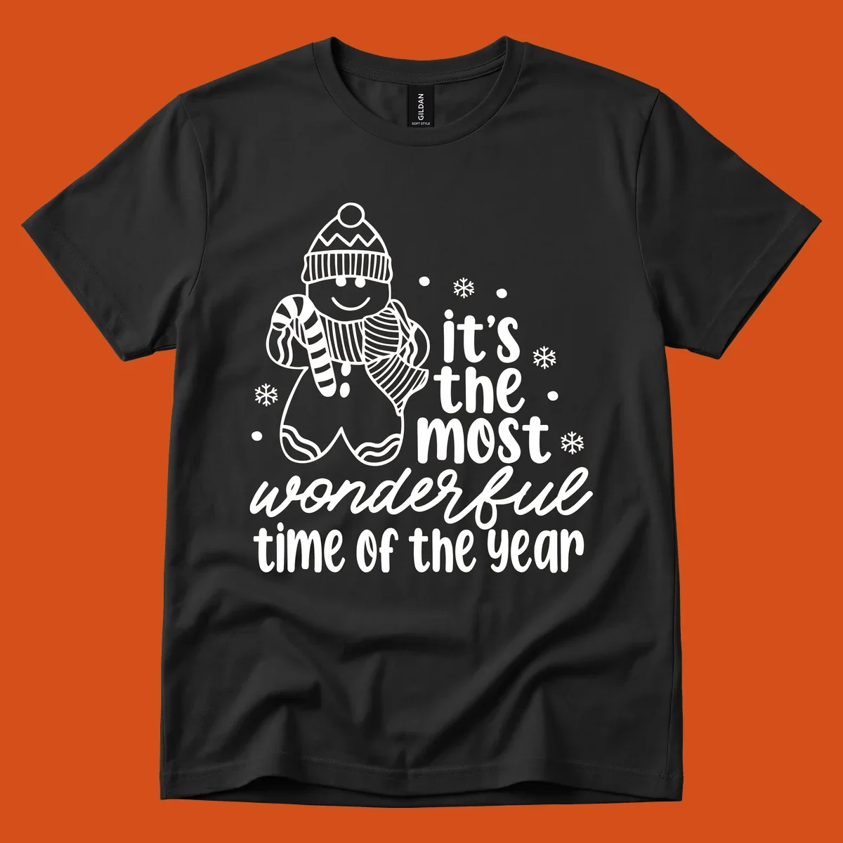 Christmas gingerbread man with 'it's the most wonderful time of the year' text.