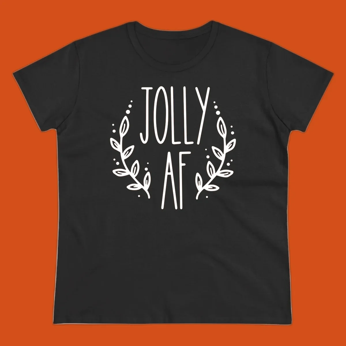 Jolly AF Christmas wreath design with text and leaves.