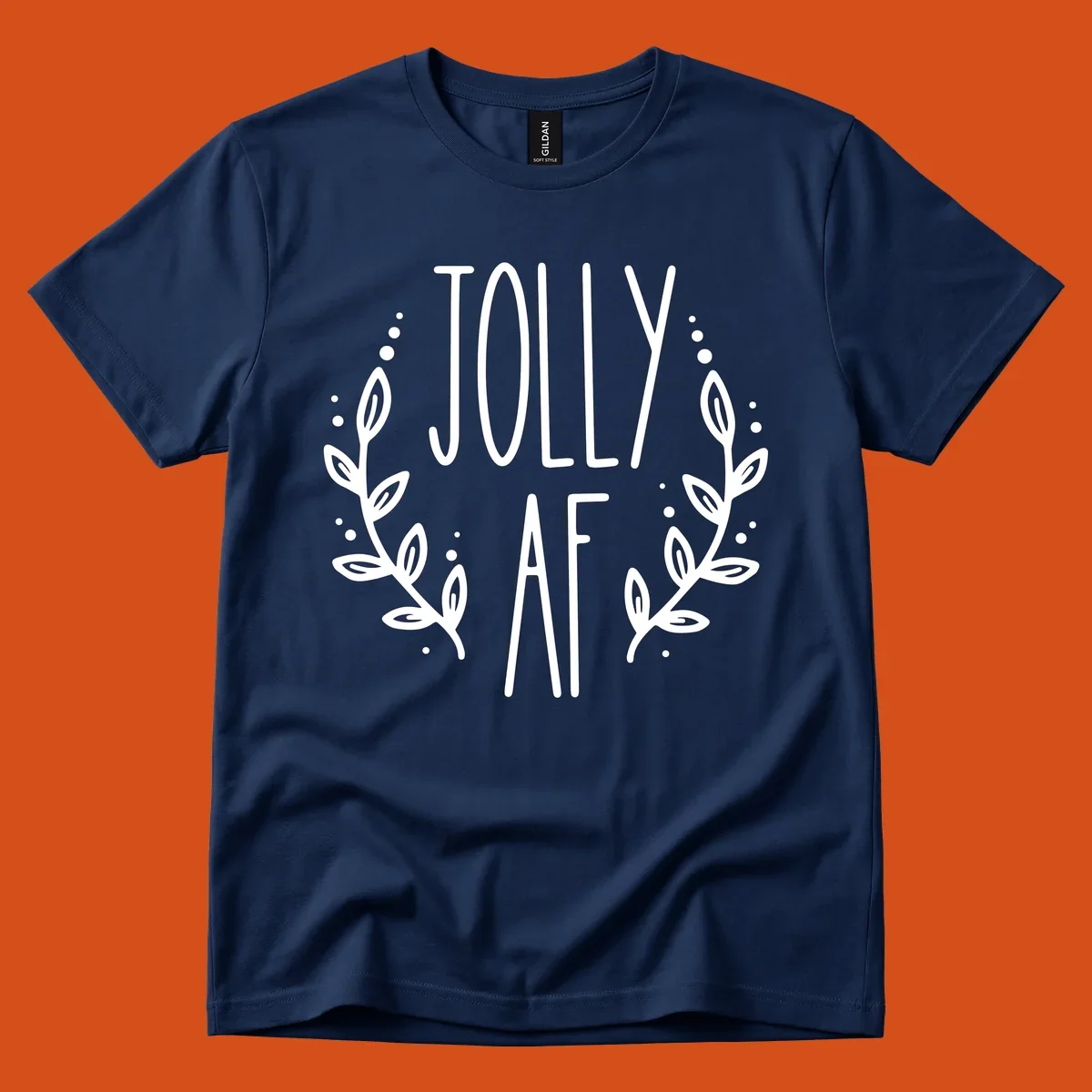 Jolly AF Christmas wreath design with text and leaves.