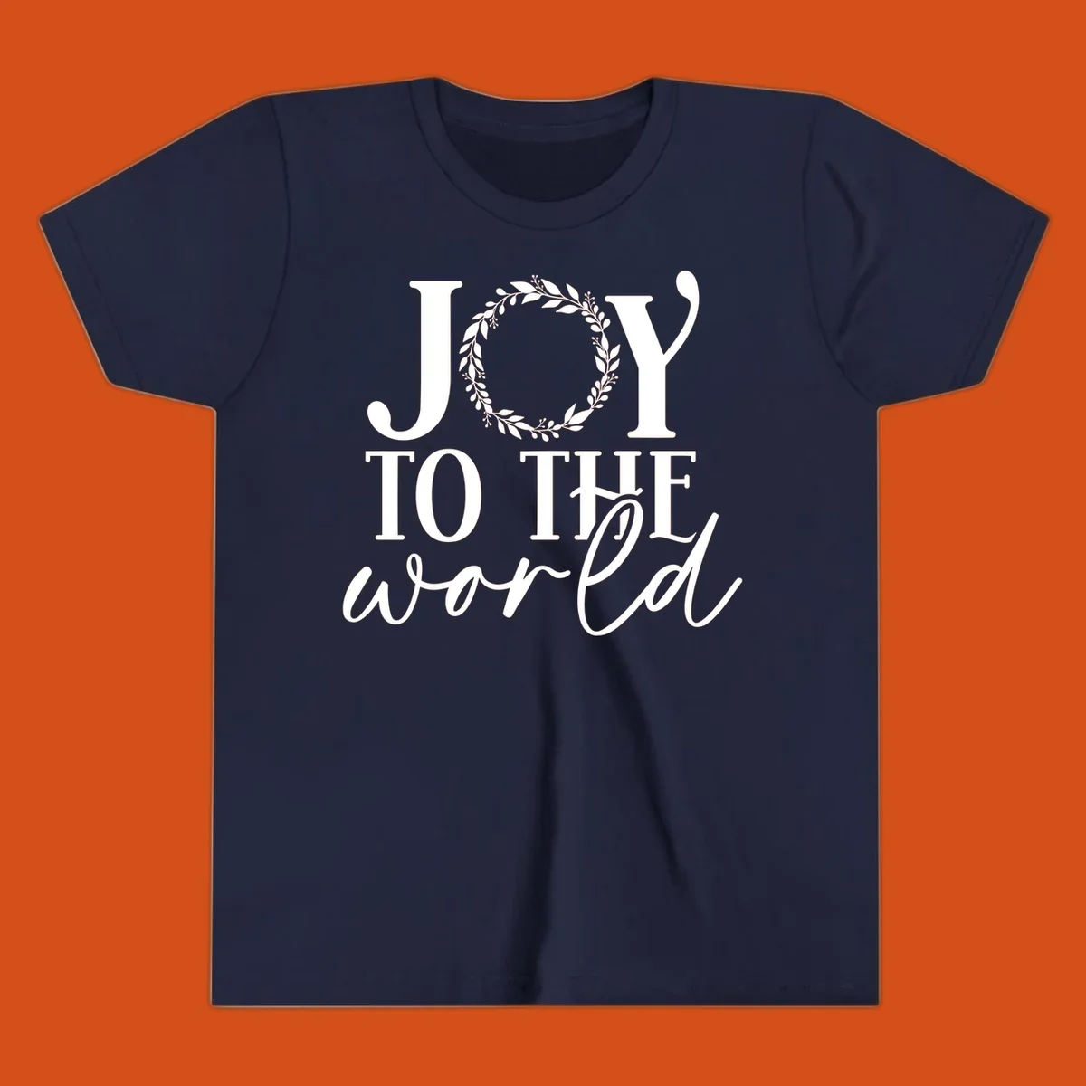 Joy to the World Christmas text design with a wreath replacing the letter O. White text on black background.