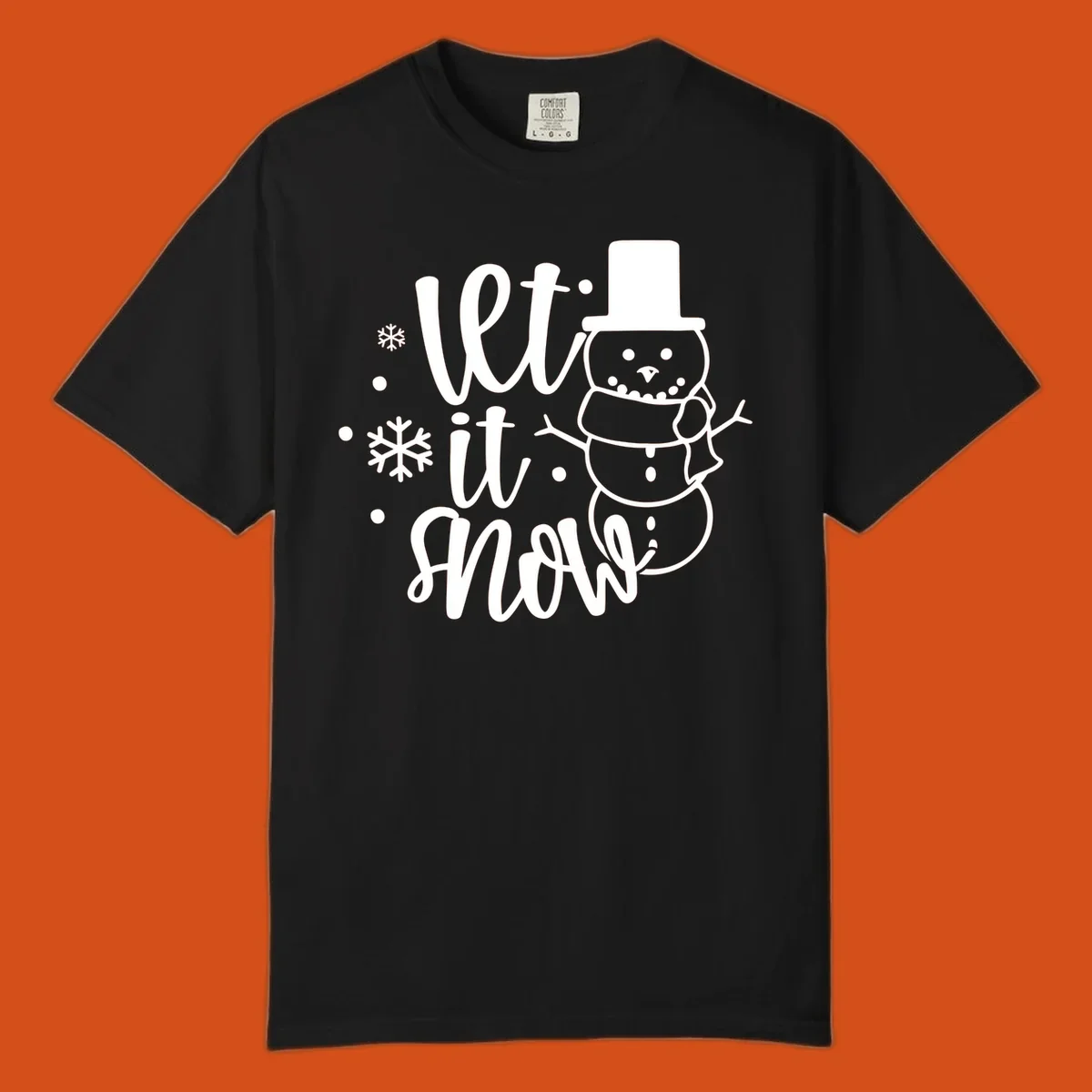 Let it snow snowman graphic with snowflakes, white on black.