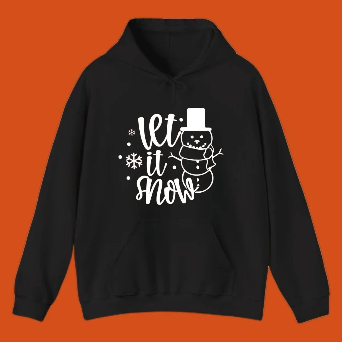 Let it snow snowman graphic with snowflakes, white on black.