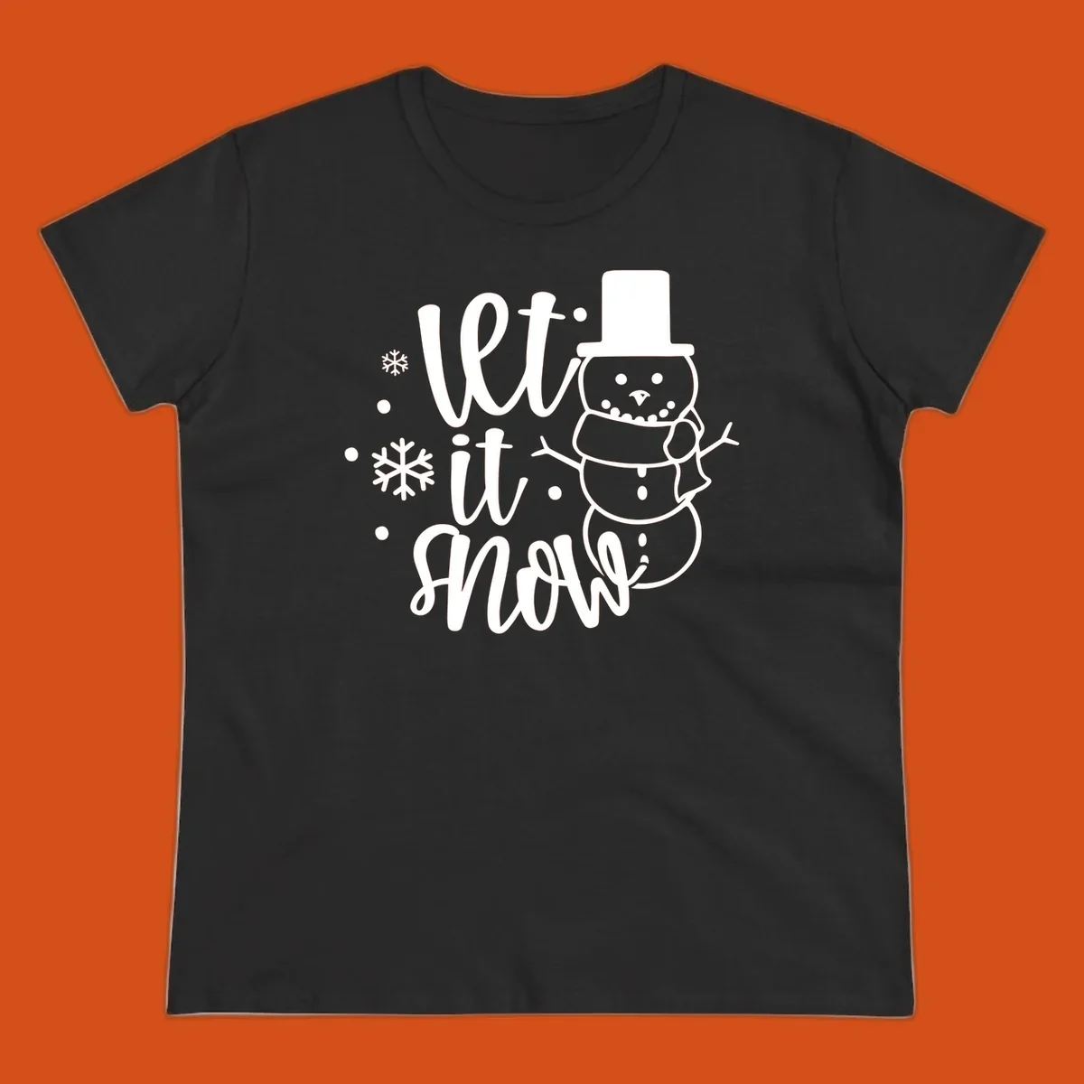Let it snow snowman graphic with snowflakes, white on black.