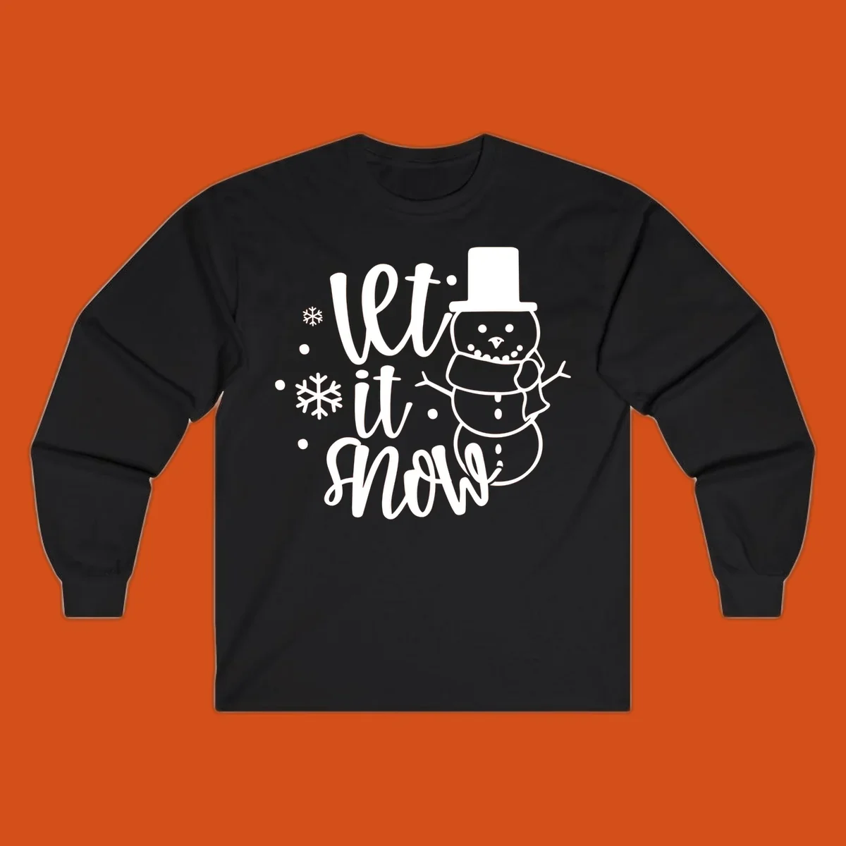 Let it snow snowman graphic with snowflakes, white on black.