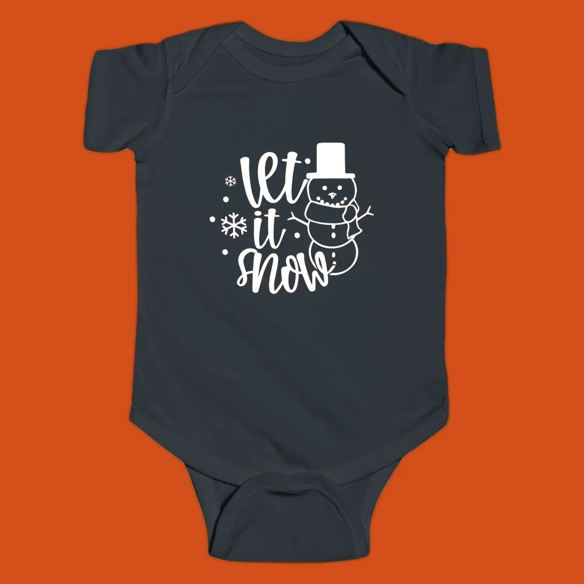 Let it snow snowman graphic with snowflakes, white on black.