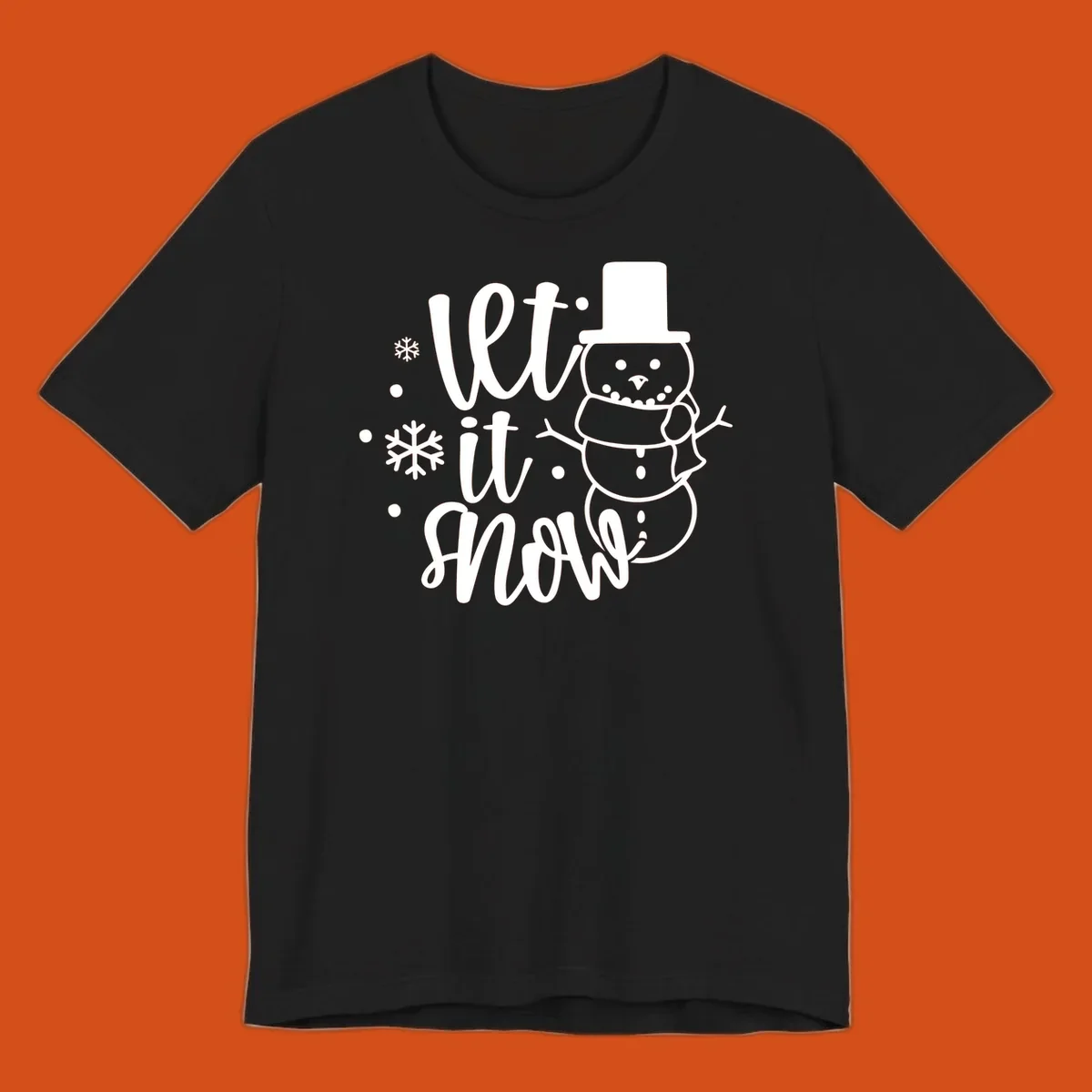 Let it snow snowman graphic with snowflakes, white on black.