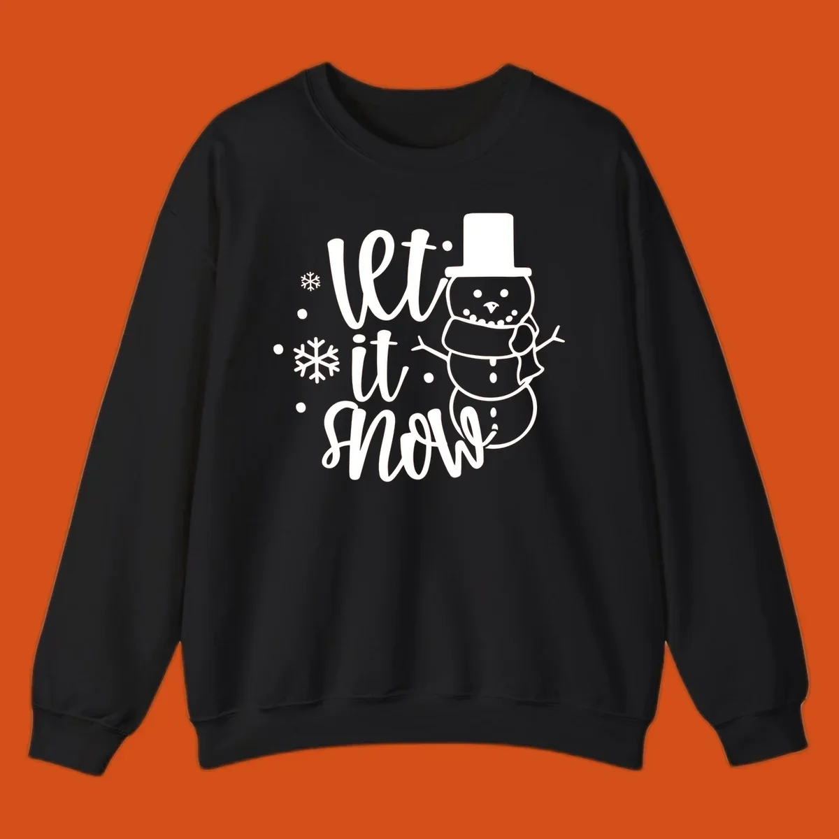Let it snow snowman graphic with snowflakes, white on black.