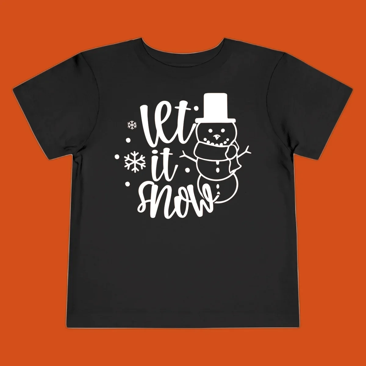 Let it snow snowman graphic with snowflakes, white on black.