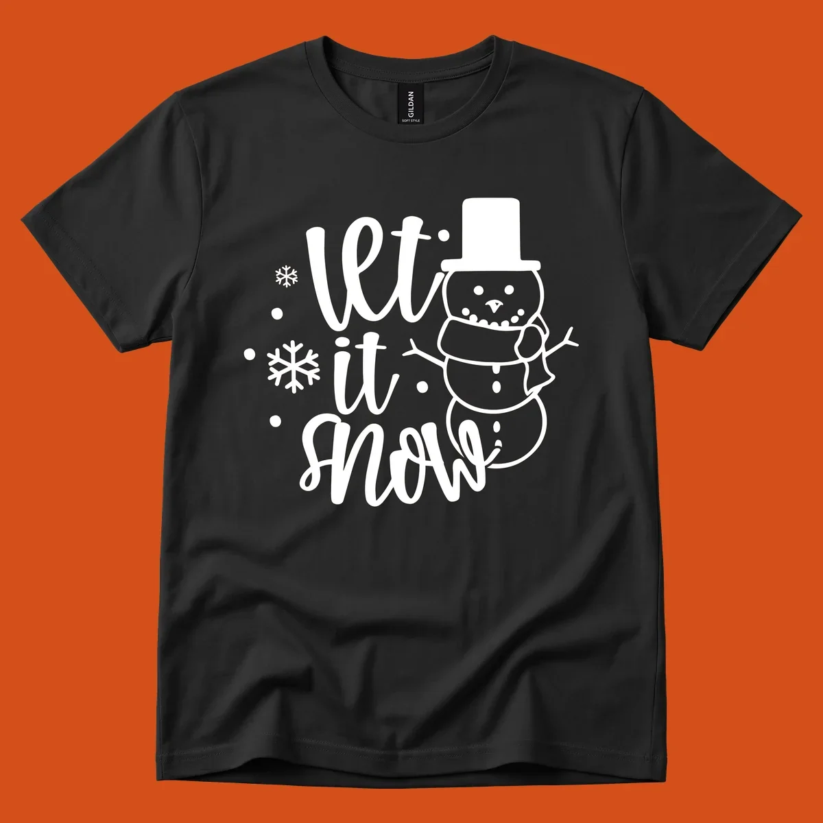 Let it snow snowman graphic with snowflakes, white on black.