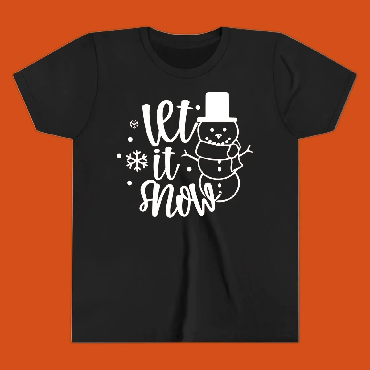 Let it snow snowman graphic with snowflakes, white on black.