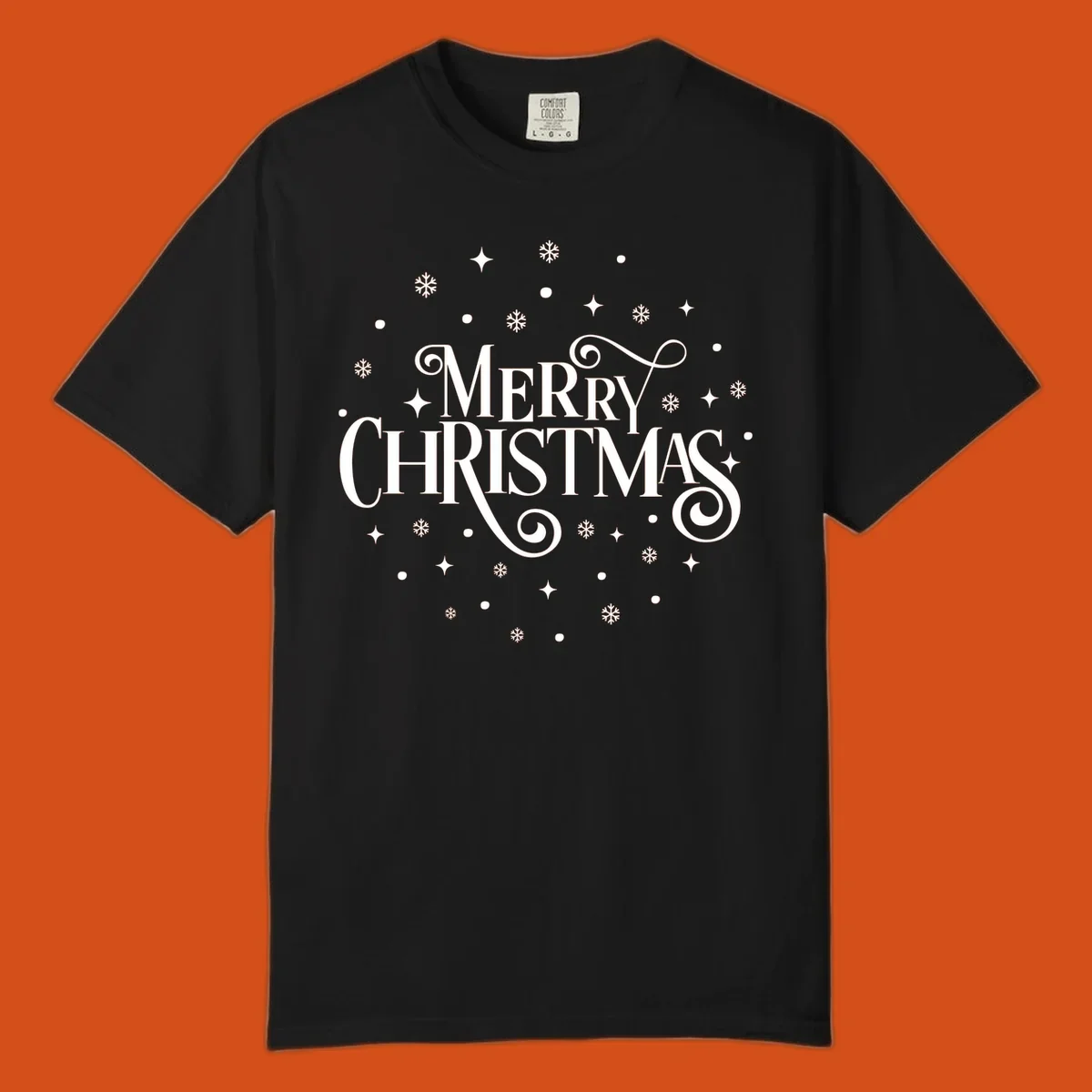 Merry Christmas script typography with snowflakes and stars.