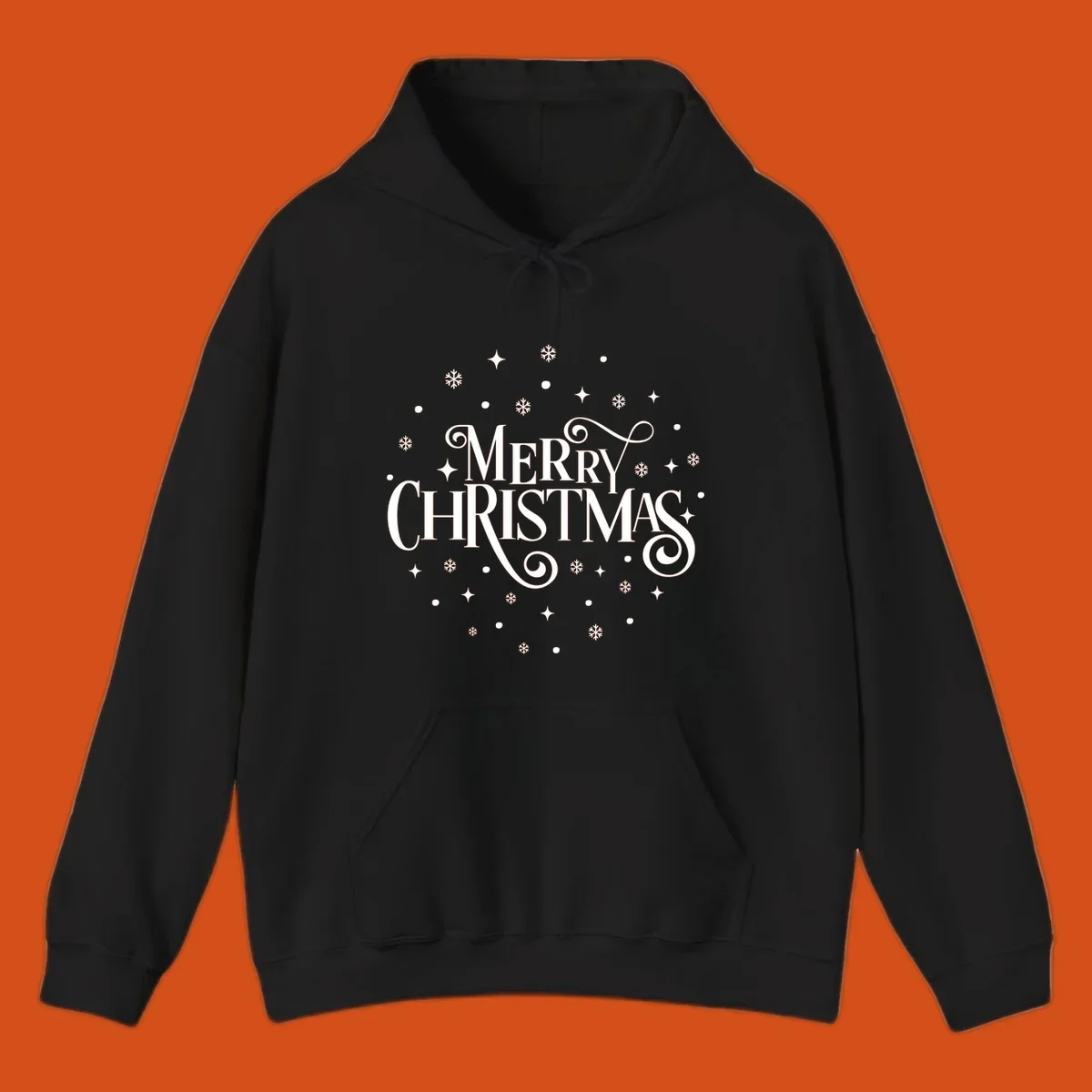 Merry Christmas script typography with snowflakes and stars.