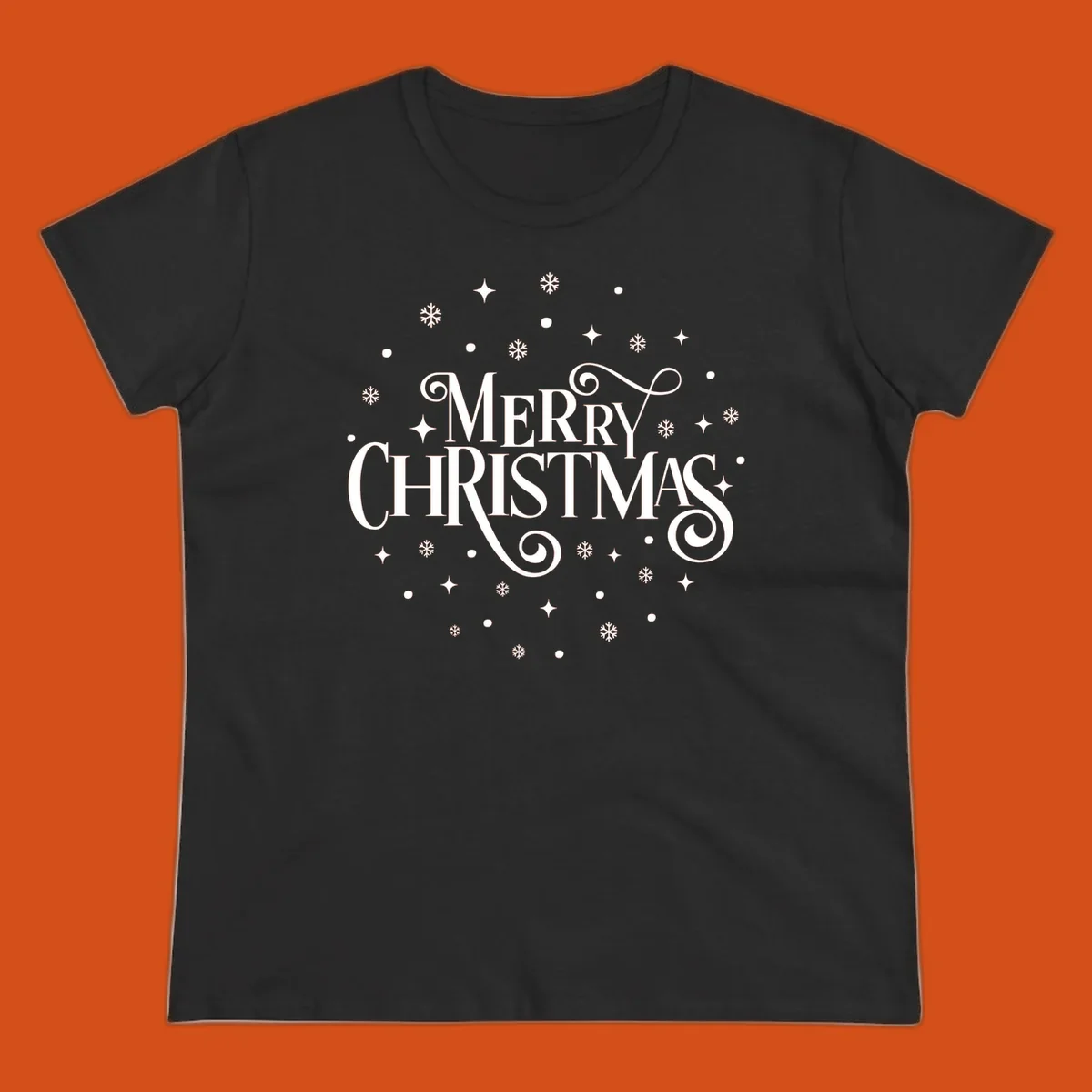 Merry Christmas script typography with snowflakes and stars.