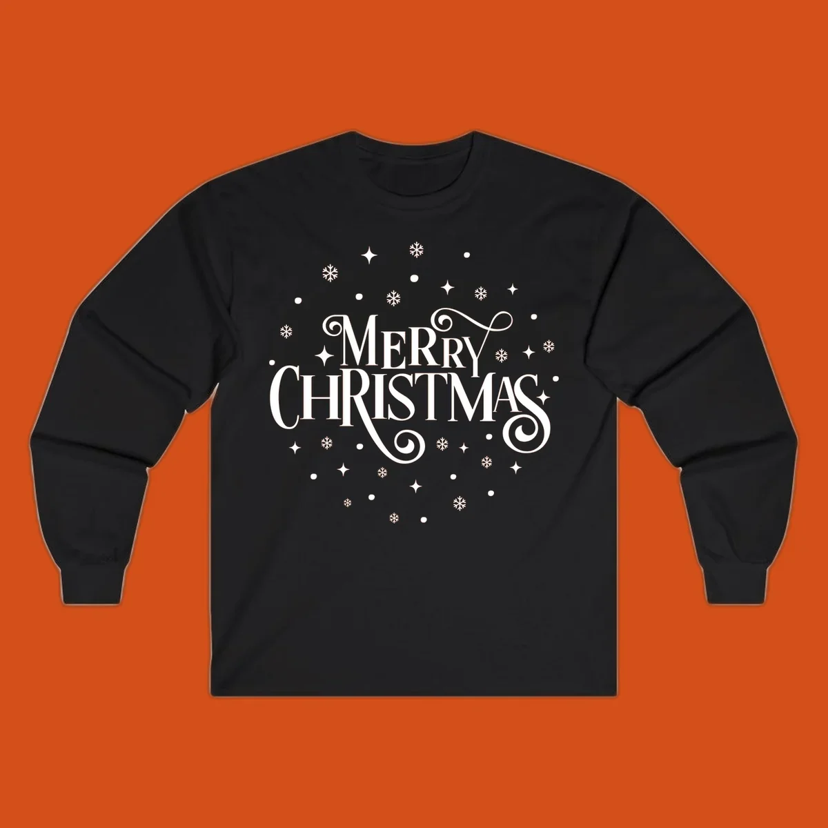 Merry Christmas script typography with snowflakes and stars.