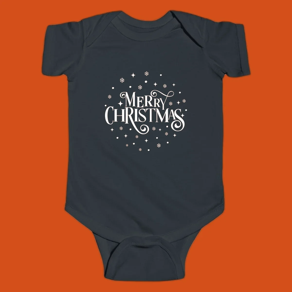 Merry Christmas script typography with snowflakes and stars.