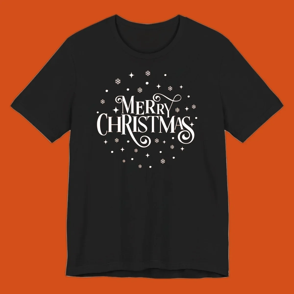 Merry Christmas script typography with snowflakes and stars.