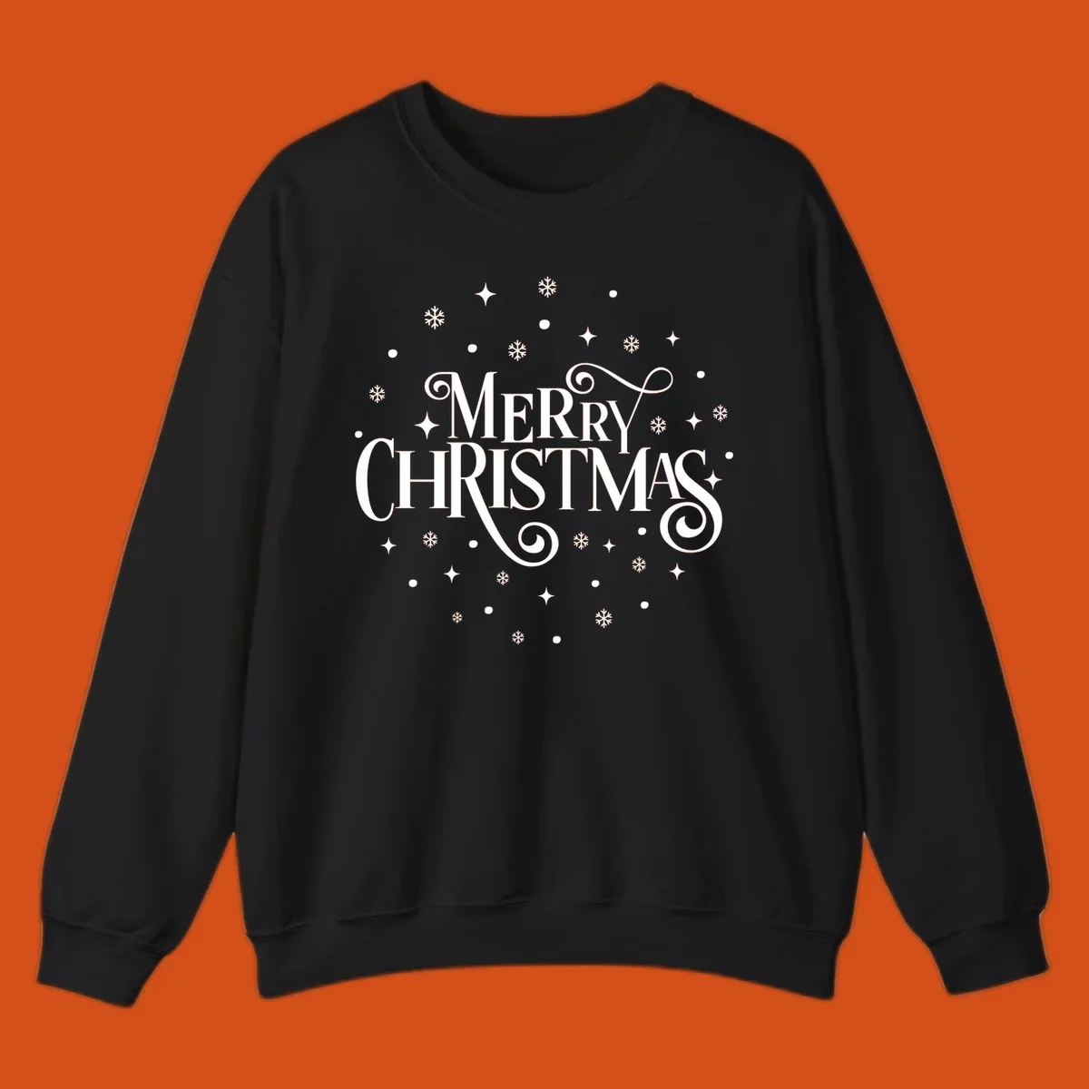 Merry Christmas script typography with snowflakes and stars.