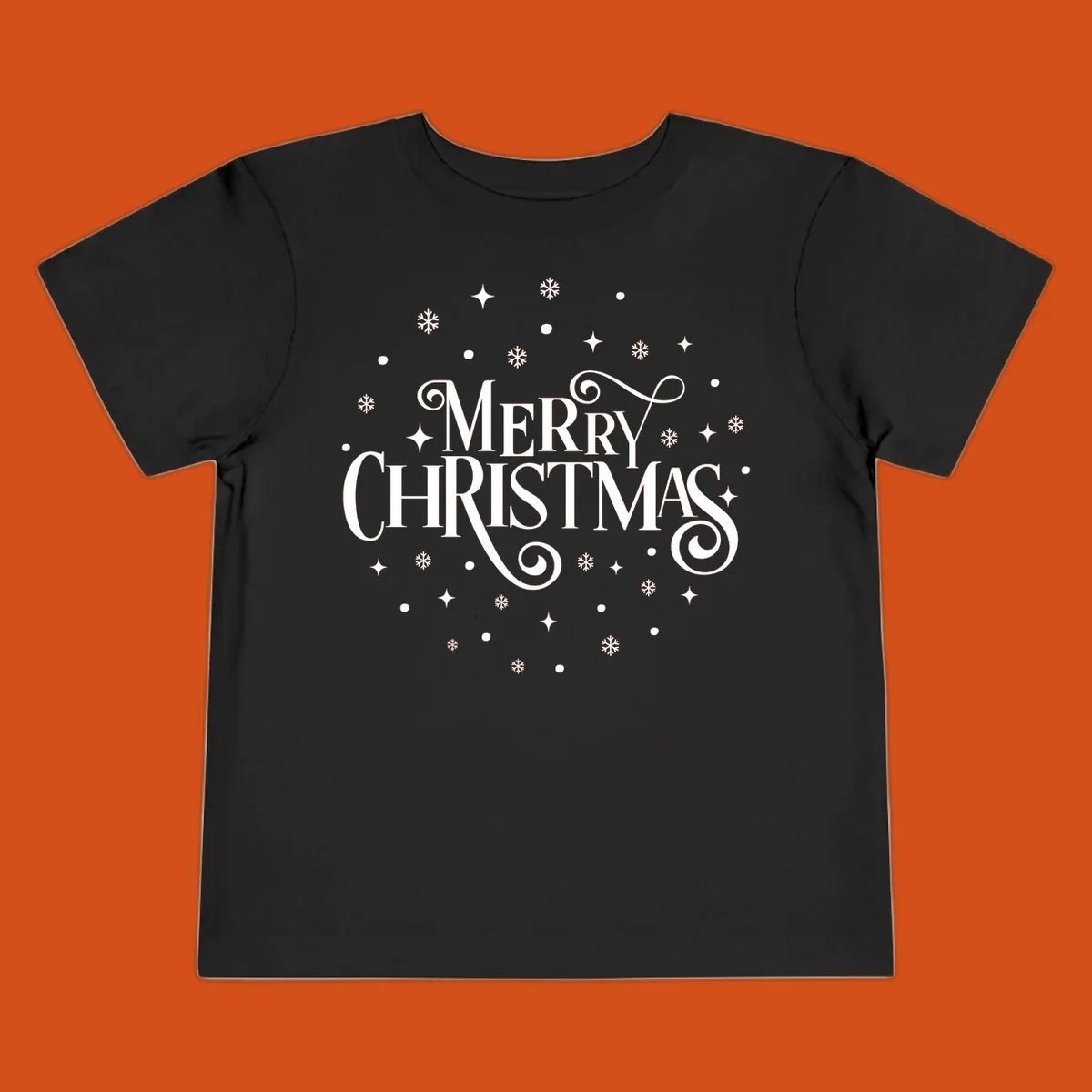Merry Christmas script typography with snowflakes and stars.