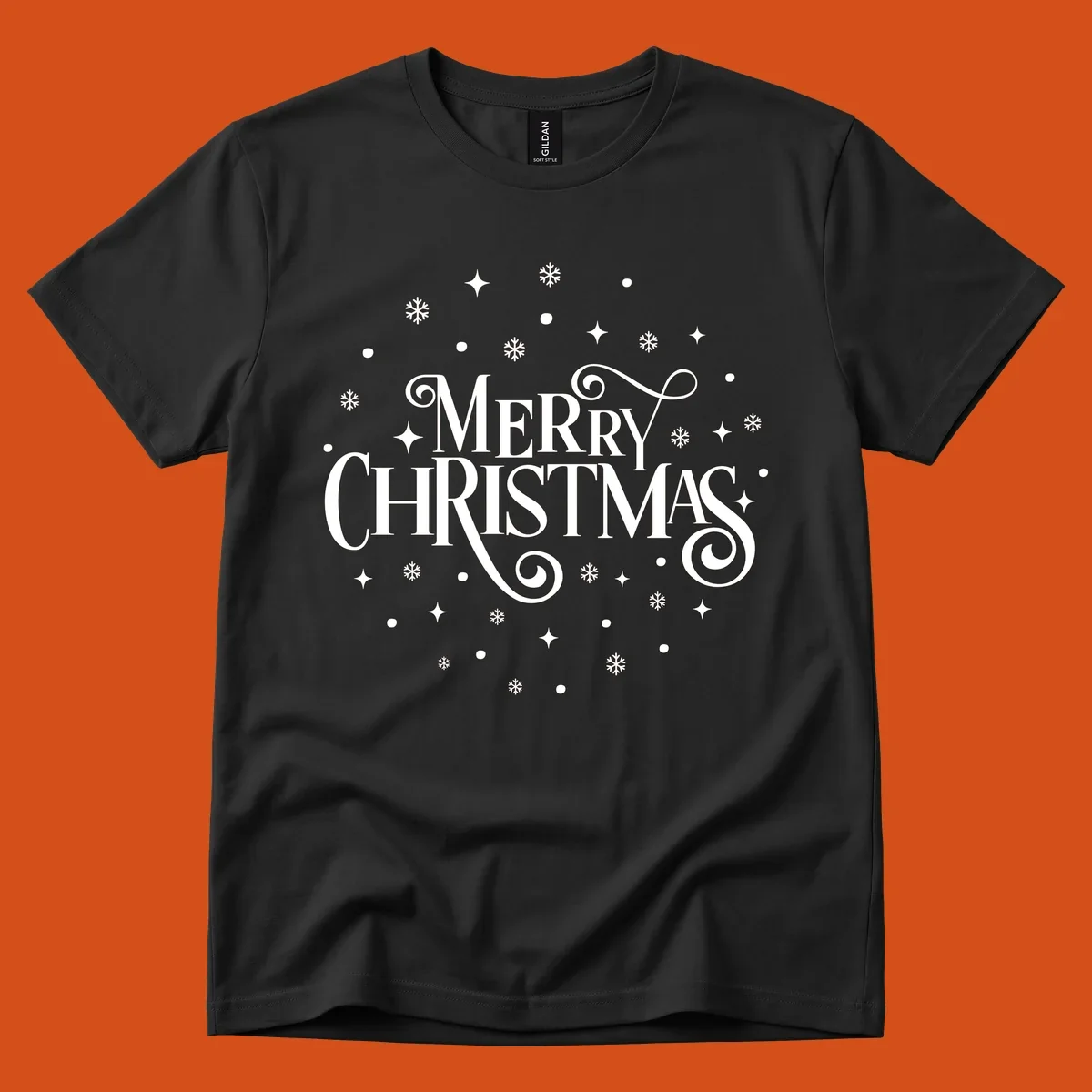 Merry Christmas script typography with snowflakes and stars.