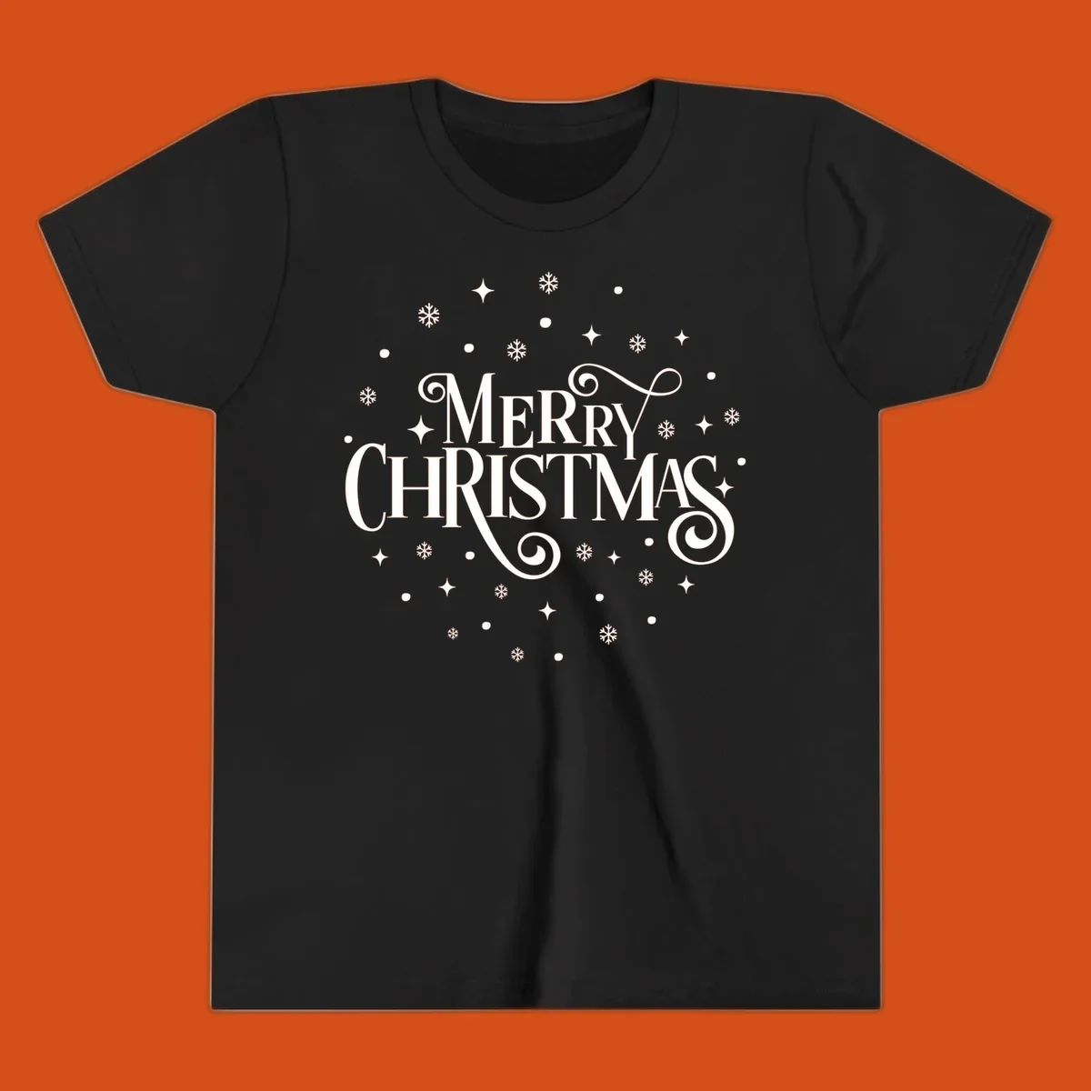 Merry Christmas script typography with snowflakes and stars.