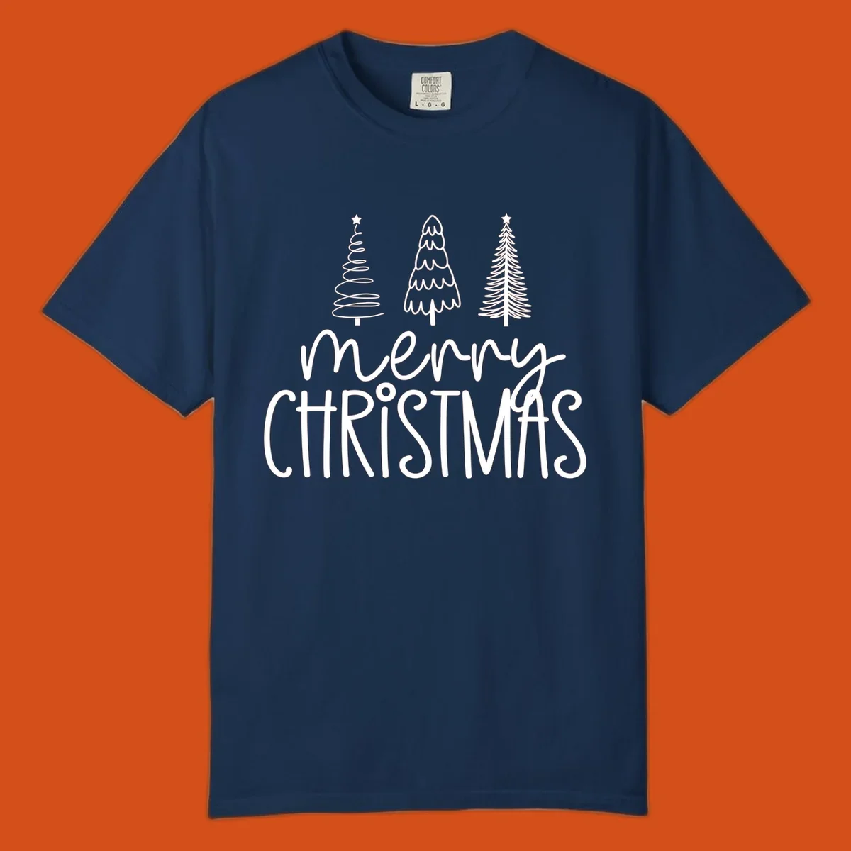 Merry Christmas trees typography design with three stylized trees and the text 'merry CHRISTMAS'.