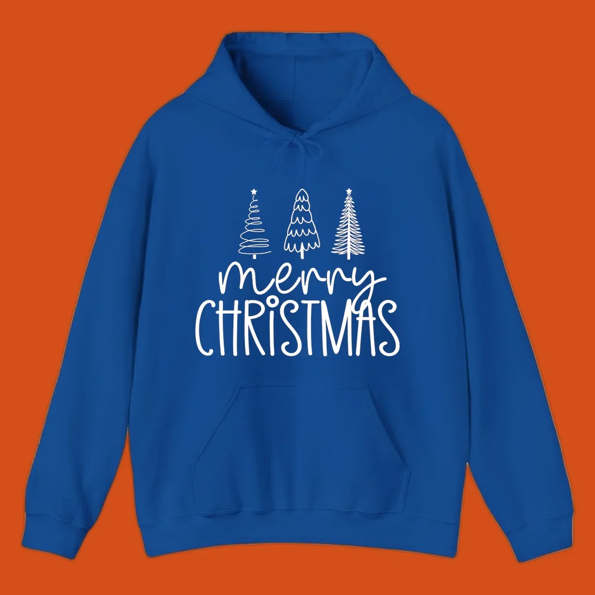Merry Christmas trees typography design with three stylized trees and the text 'merry CHRISTMAS'.